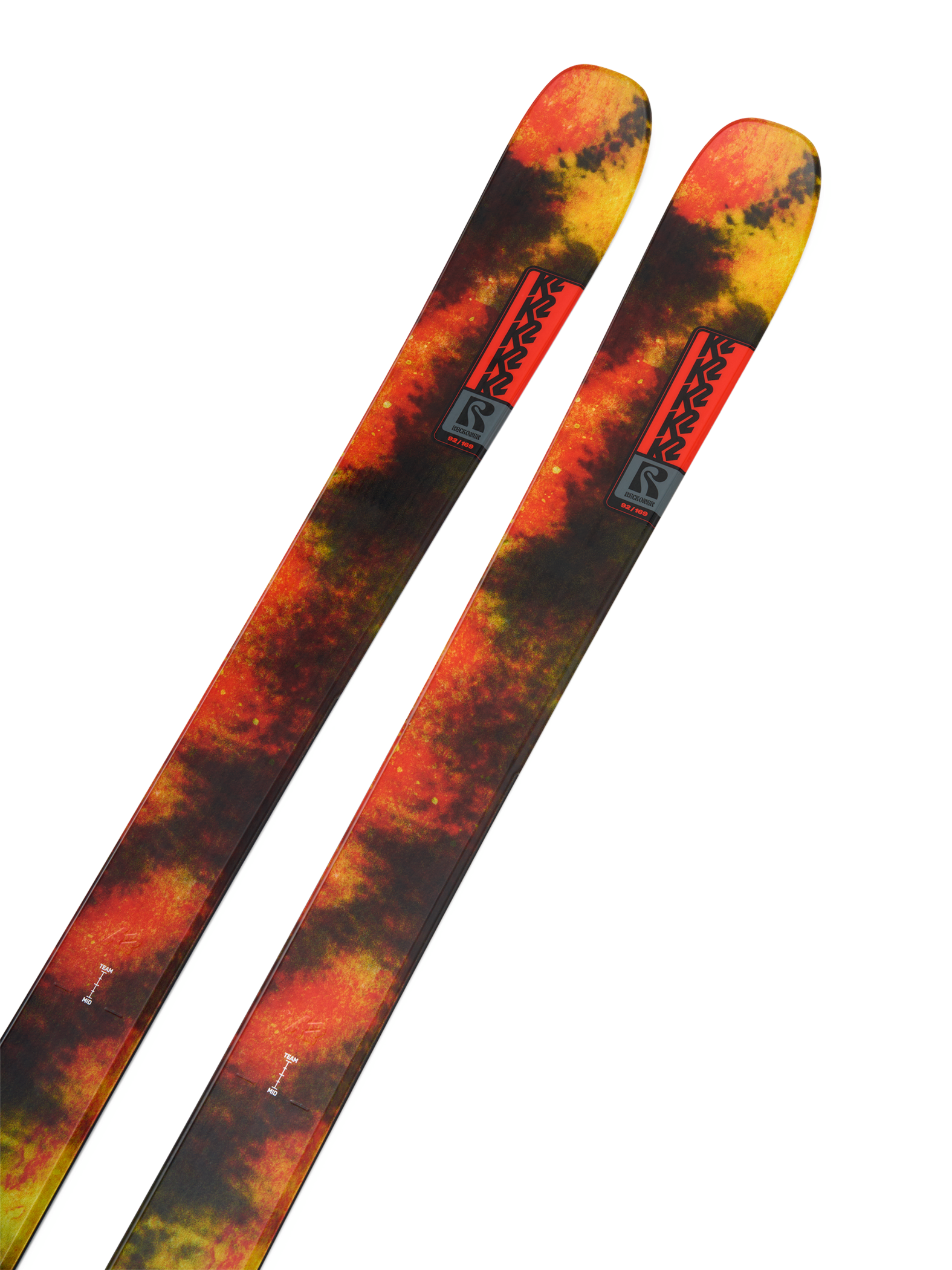 K2 Reckoner 92 skis, orange-yellow graphic, angled side view.