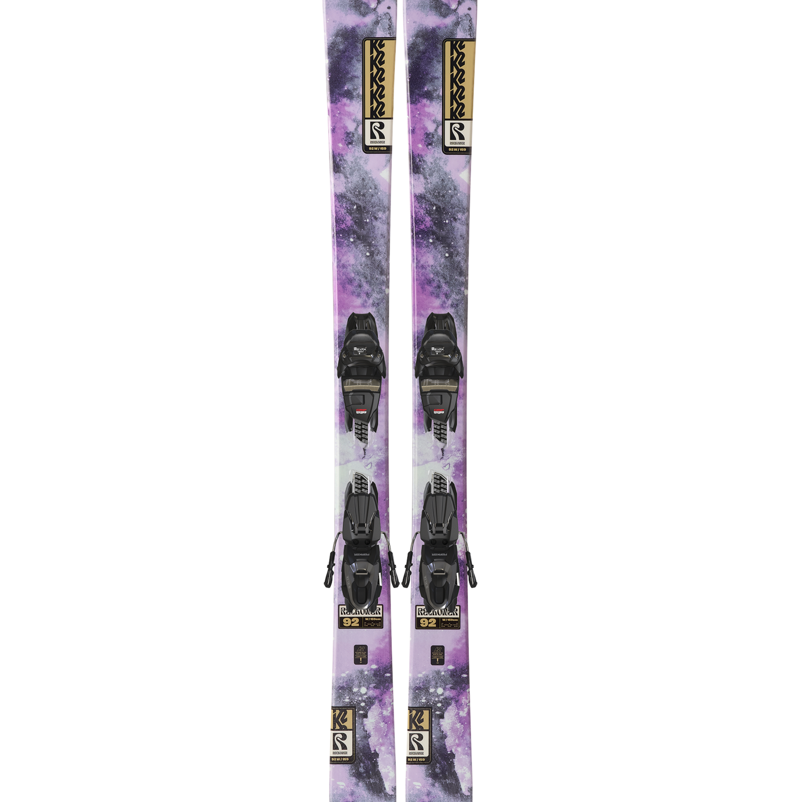 K2 women's Reckoner 92 skis in purple and white with black bindings