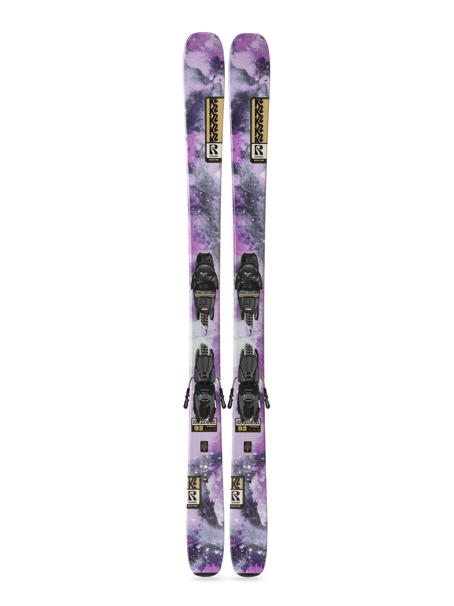 K2 women's Reckoner 92 skis in purple and white with black bindings