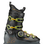 Black ski boot with neon green BOA dial and two front buckles