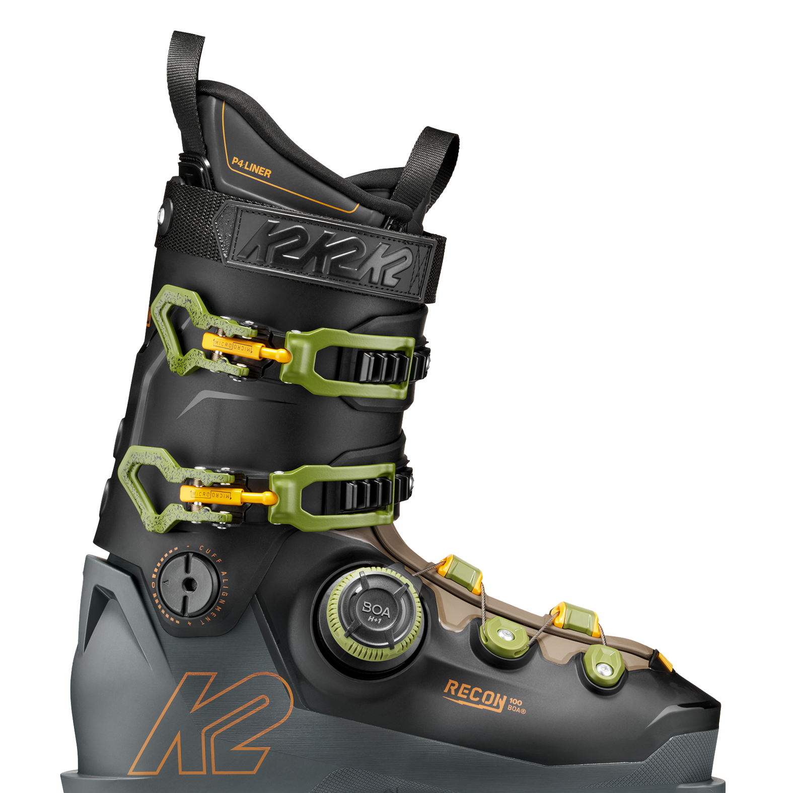 Black ski boot with neon green BOA dial and two front buckles