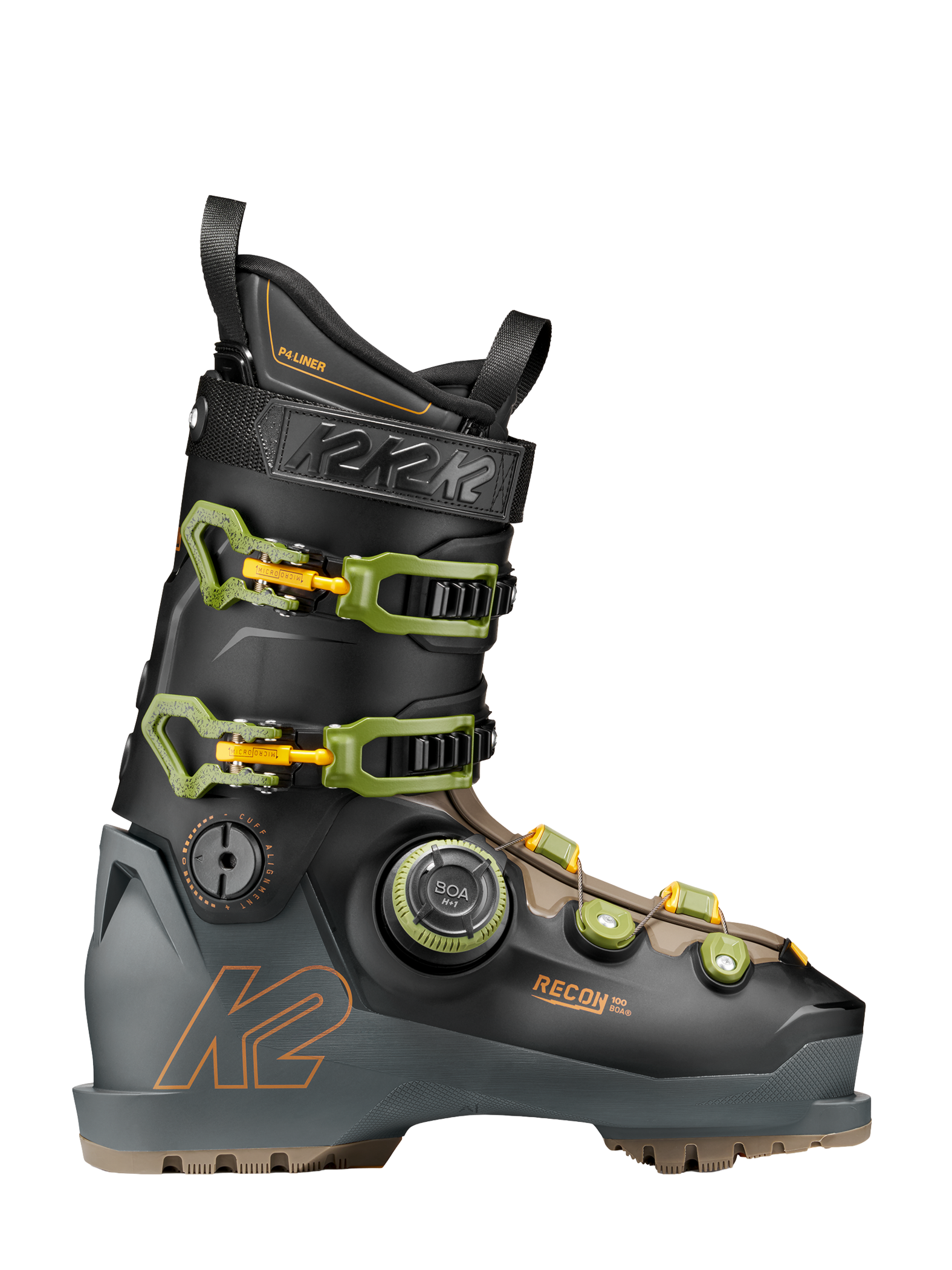 Black ski boot with neon green BOA dial and two front buckles