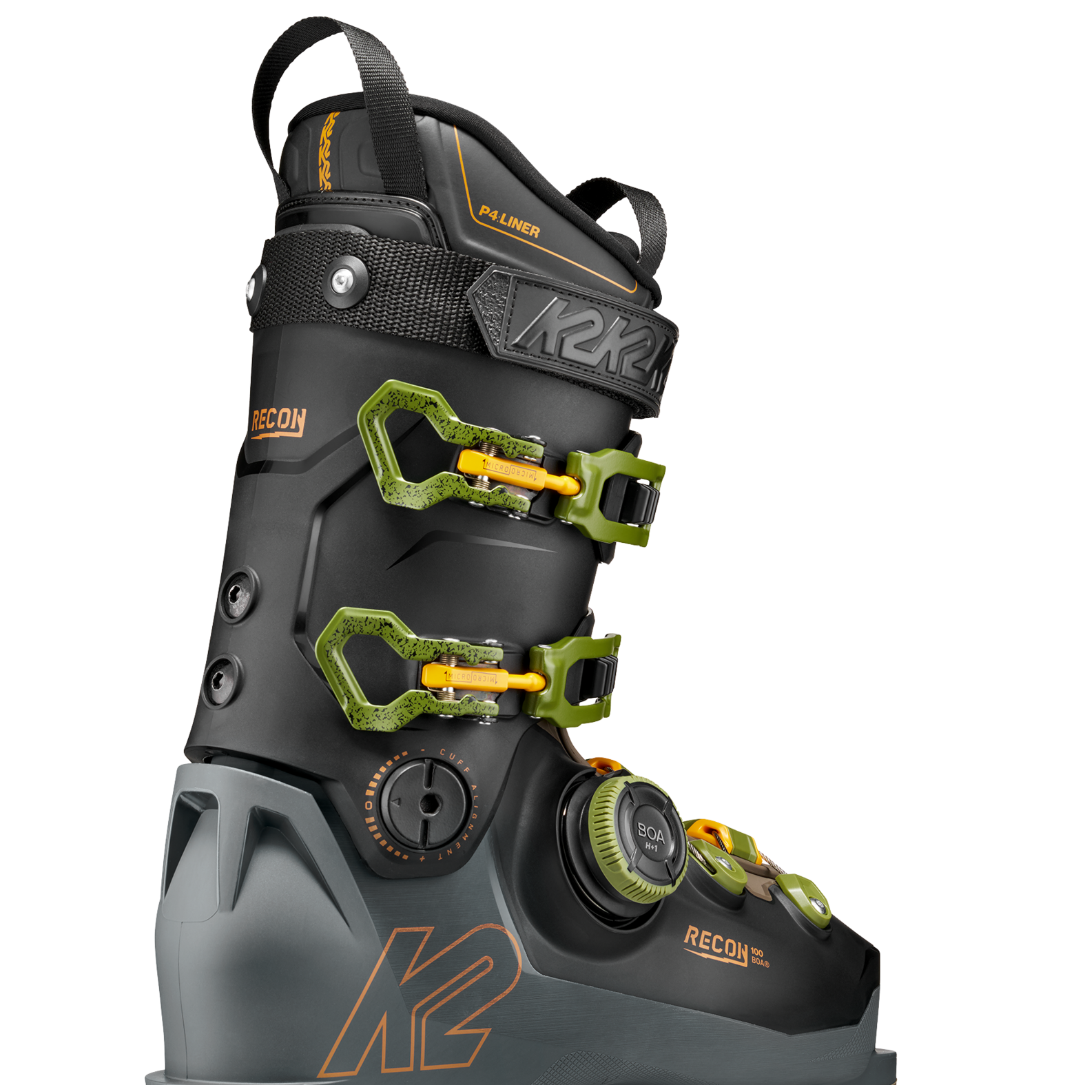Black ski boot with neon green buckles and strap, side view