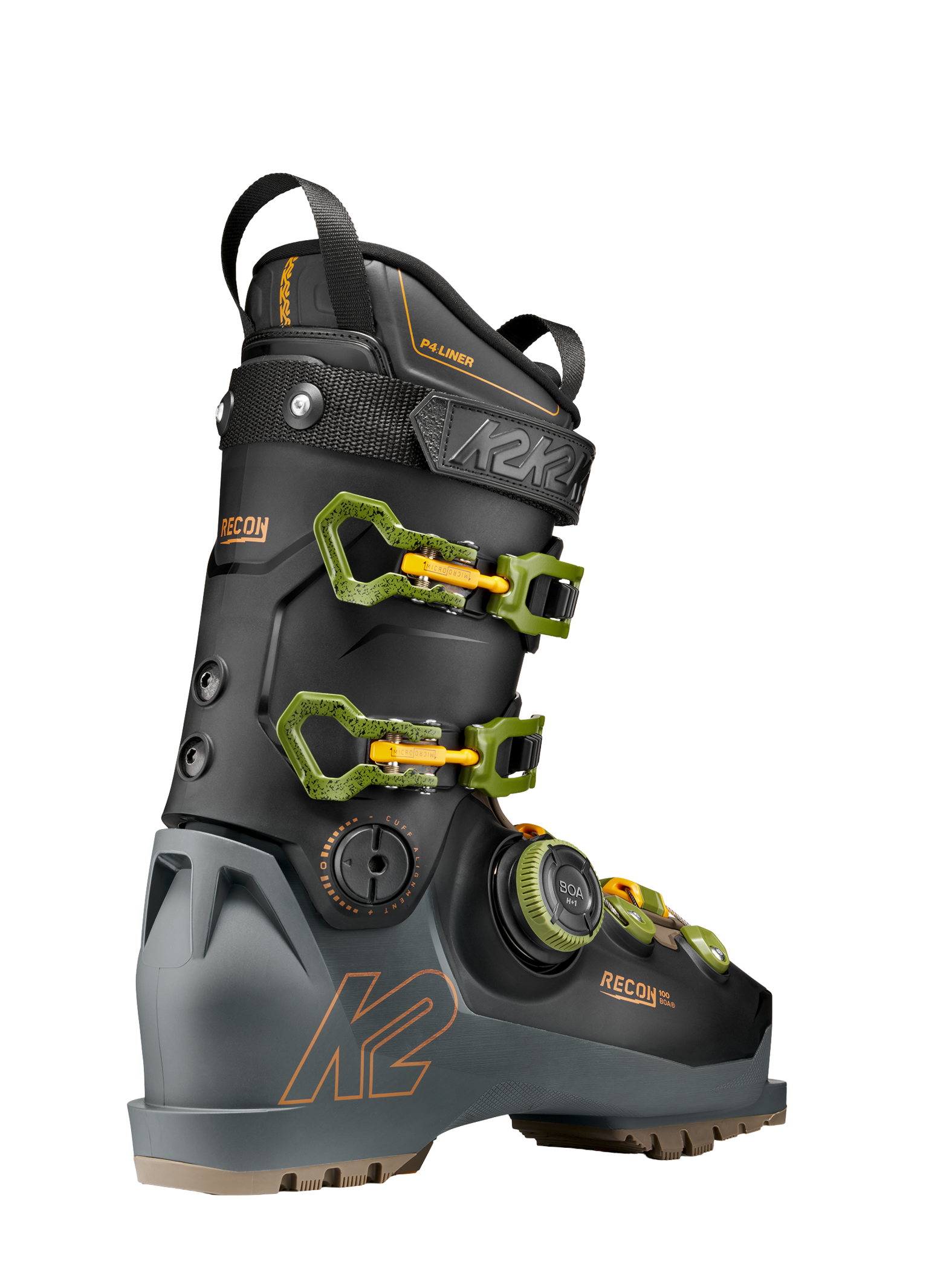 Black ski boot with neon green buckles and strap, side view