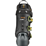 Black ski boot with BOA dial and neon green side hardware, back view
