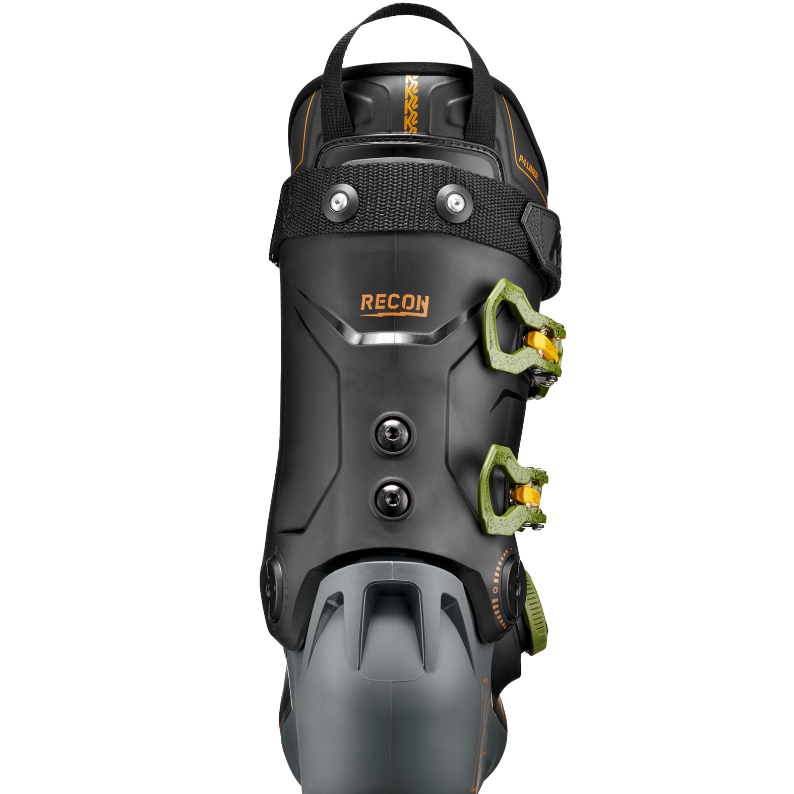 Black ski boot with BOA dial and neon green side hardware, back view