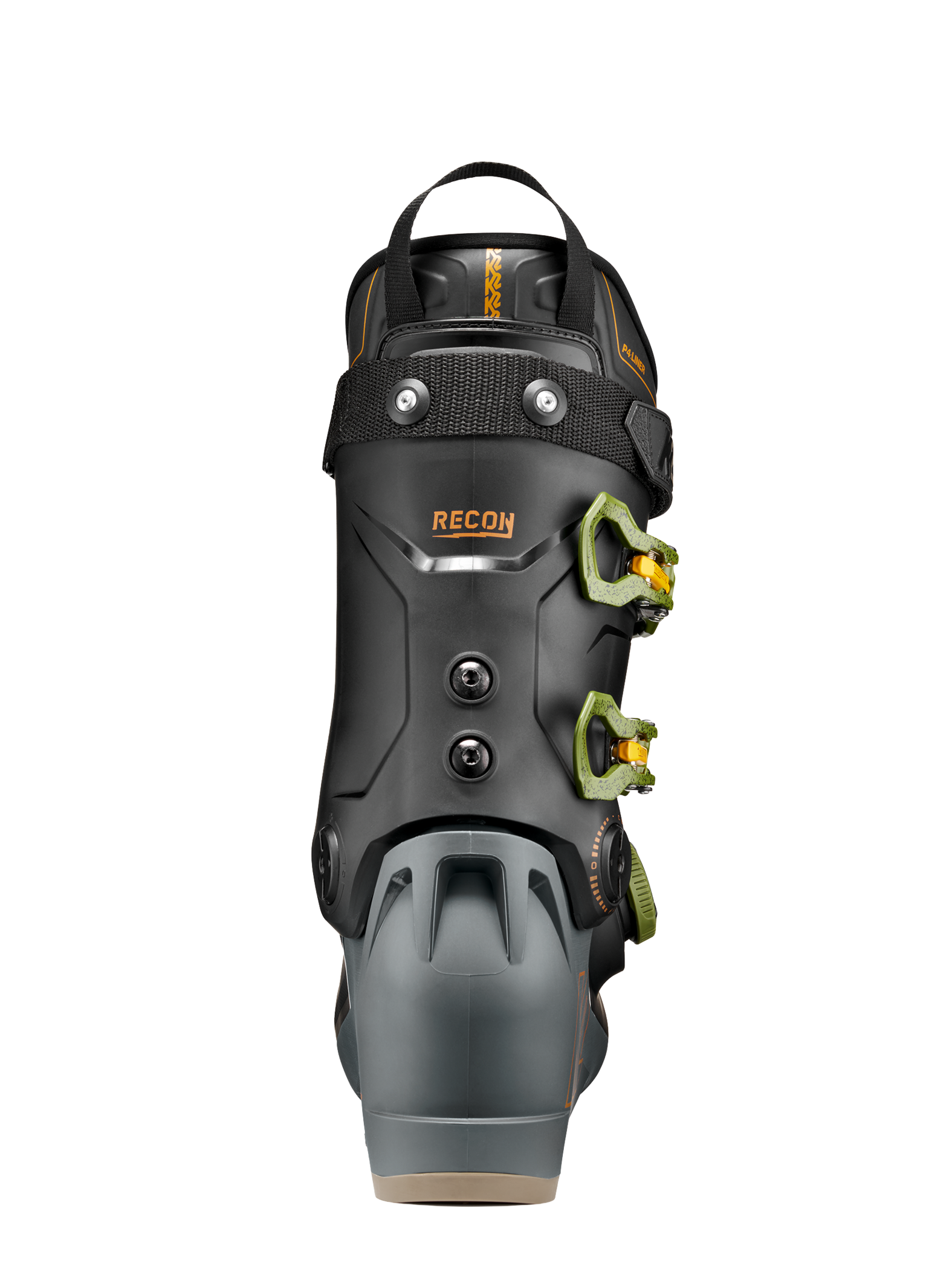 Black ski boot with BOA dial and neon green side hardware, back view