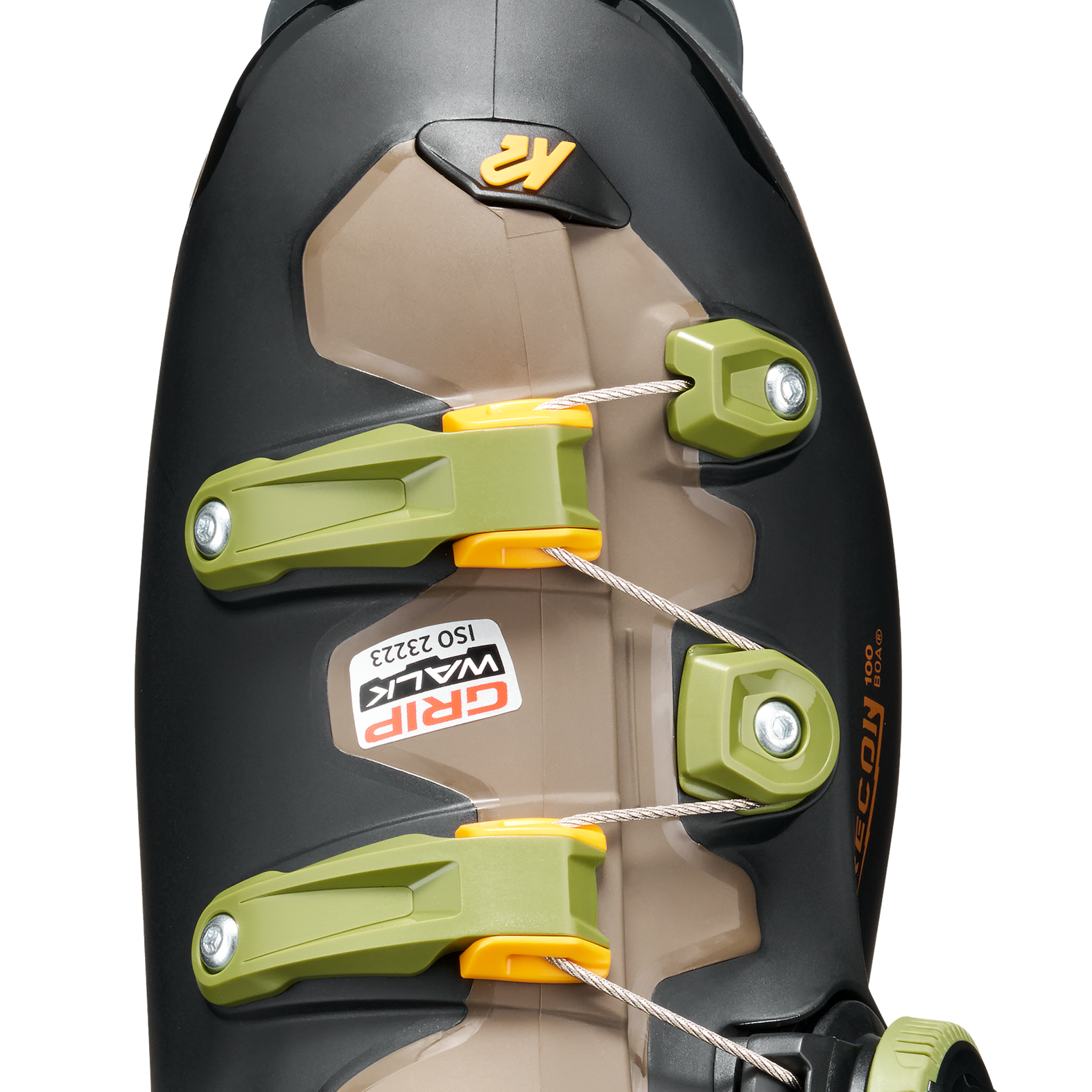 Black ski boot cuff with neon green buckles and beige liner panel, close-up