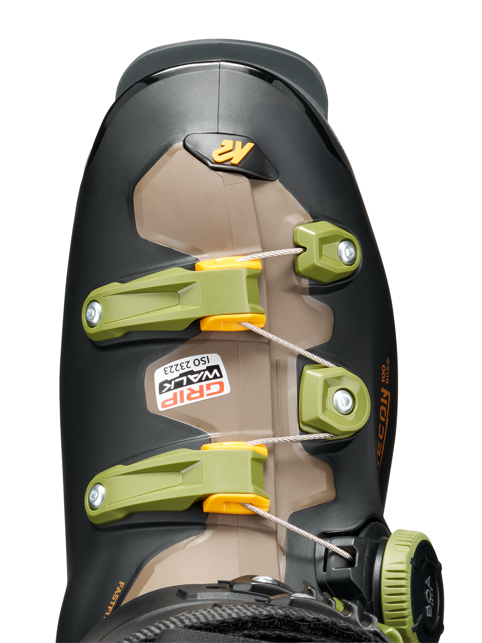 Black ski boot cuff with neon green buckles and beige liner panel, close-up