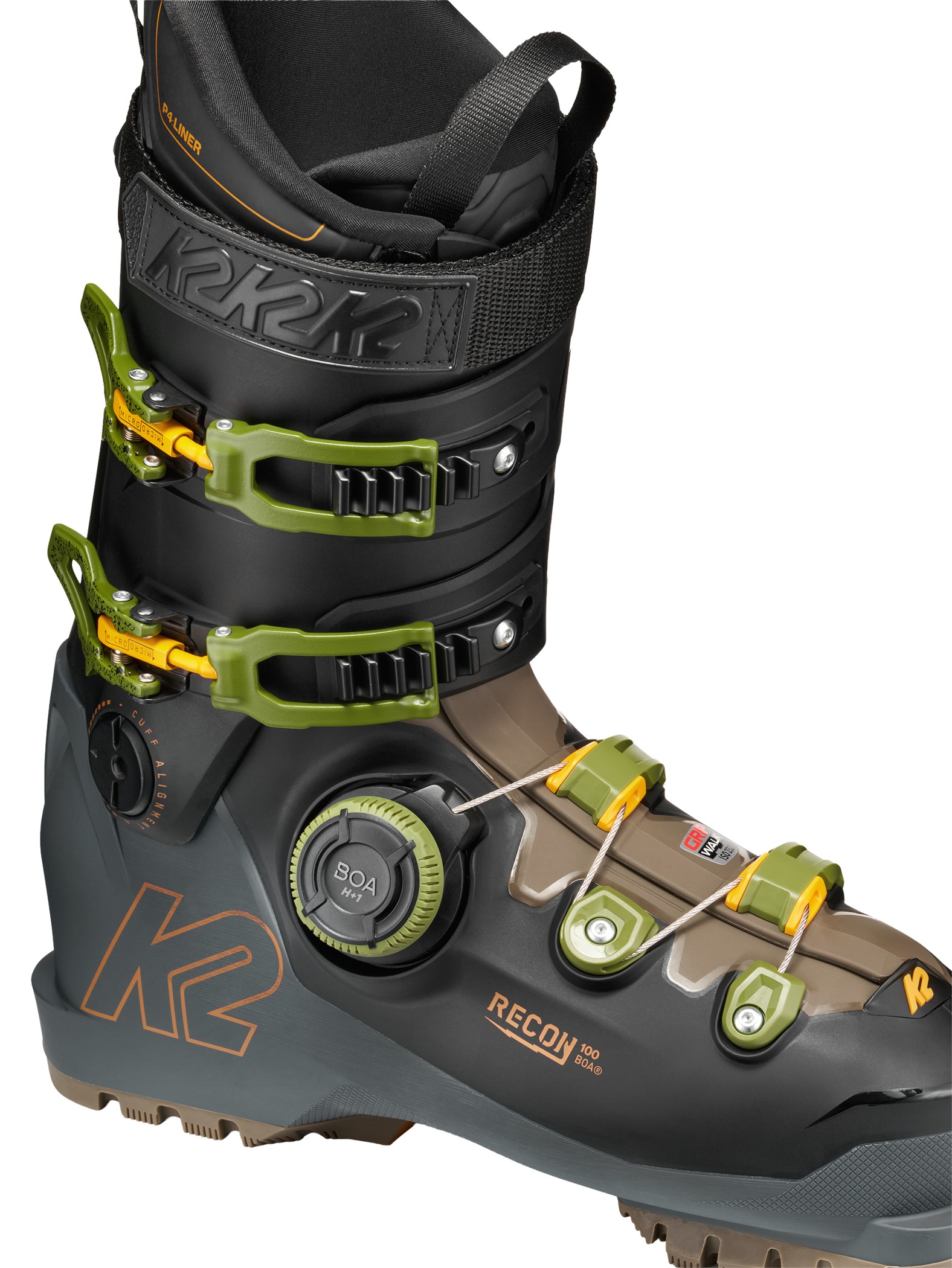 Black ski boot with neon green BOA dial, front buckles, and orange K2 logo
