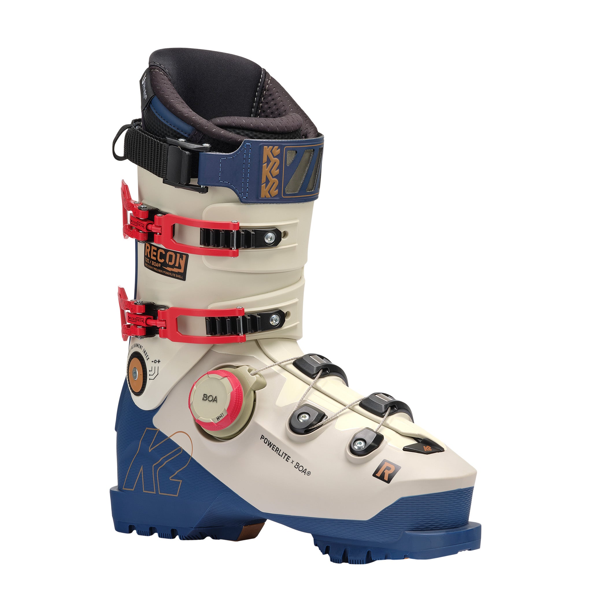 K2 Recon 120 BOA® ski boot features a white and blue color scheme with red accents.