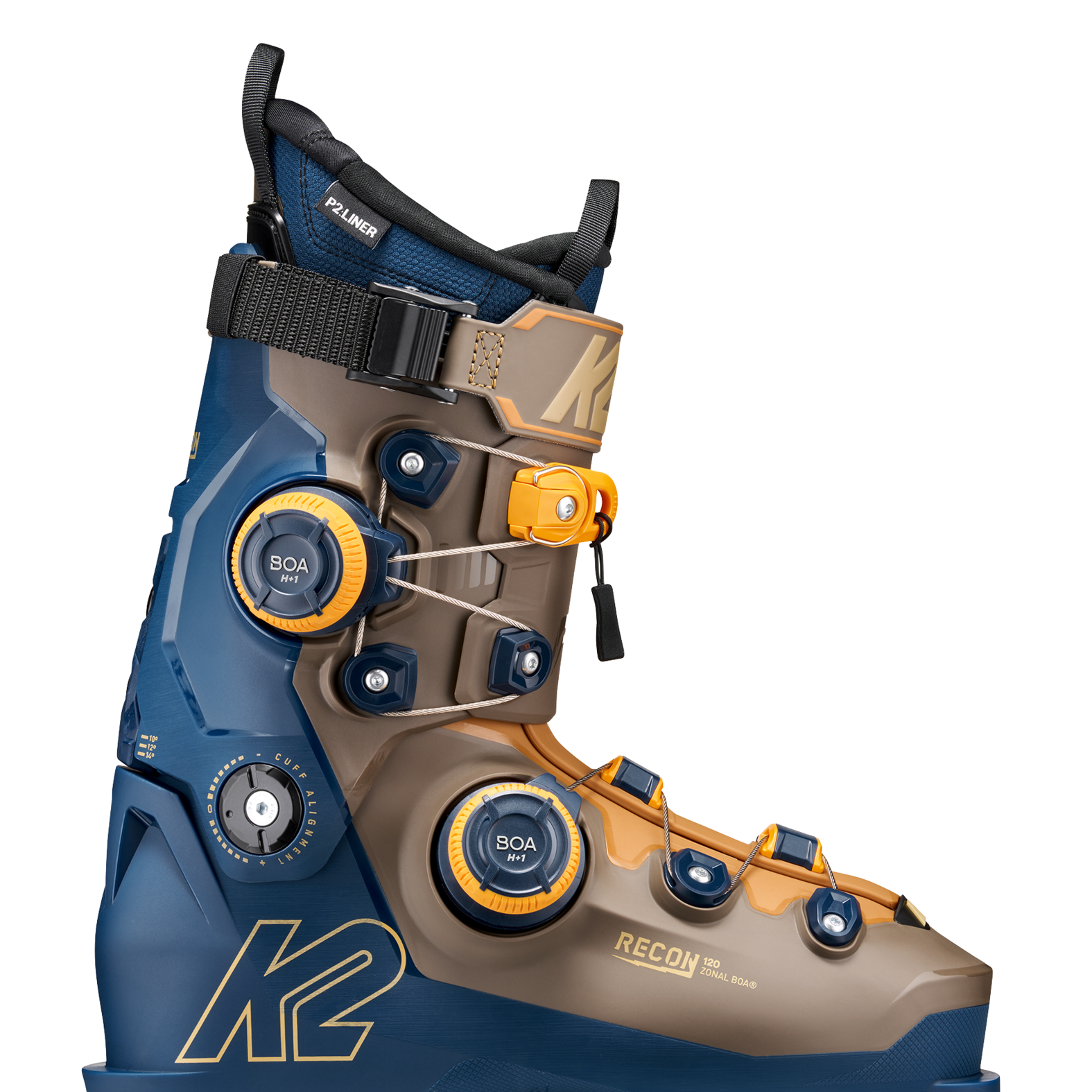 K2 zonal BOA ski boots front side view, blue upper and tan lower with BOA dials