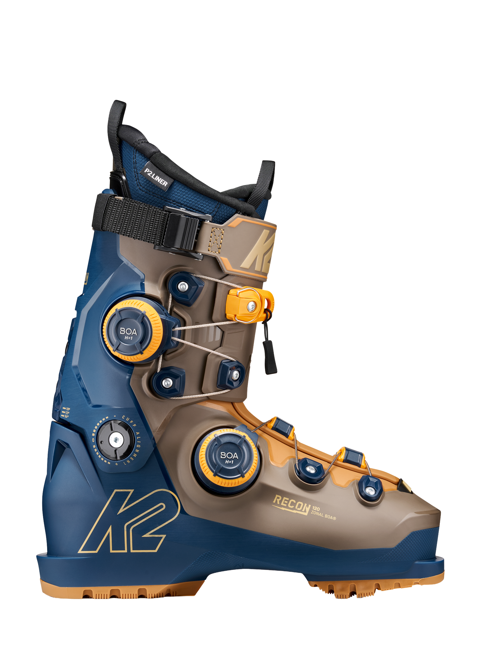 K2 zonal BOA ski boots front side view, blue upper and tan lower with BOA dials