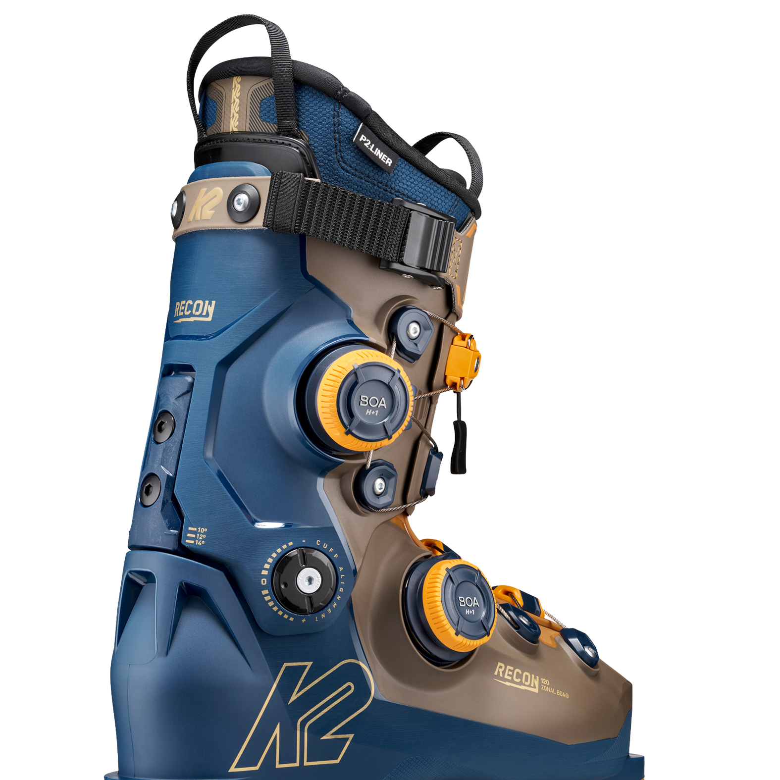 K2 zonal BOA ski boots side view, blue and tan shell with BOA dial and buckles