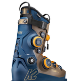 K2 zonal BOA ski boots side view, blue and tan shell with BOA dial and buckles