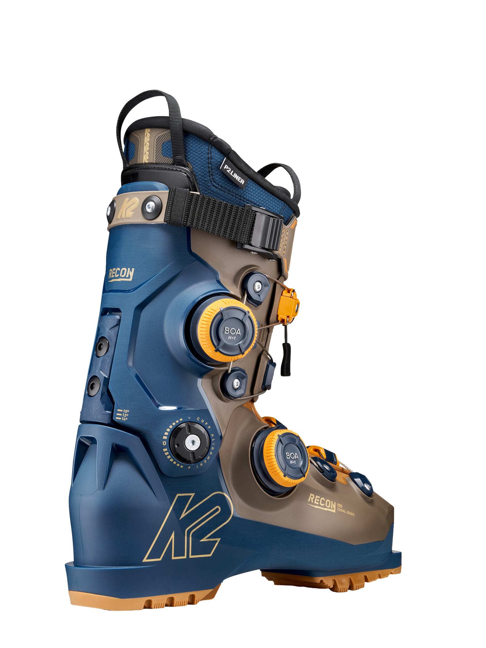 K2 zonal BOA ski boots side view, blue and tan shell with BOA dial and buckles