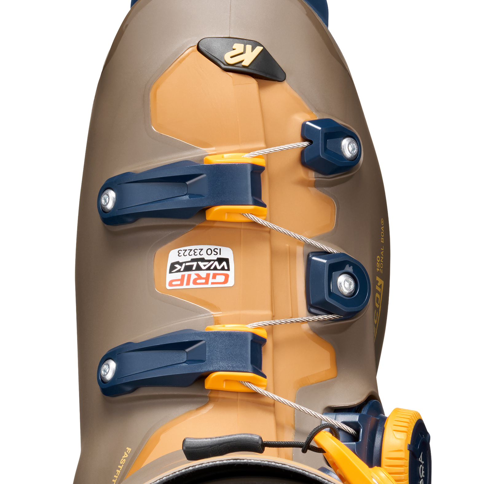 K2 zonal BOA ski boots back view, tan shell with blue pads and BOA dial