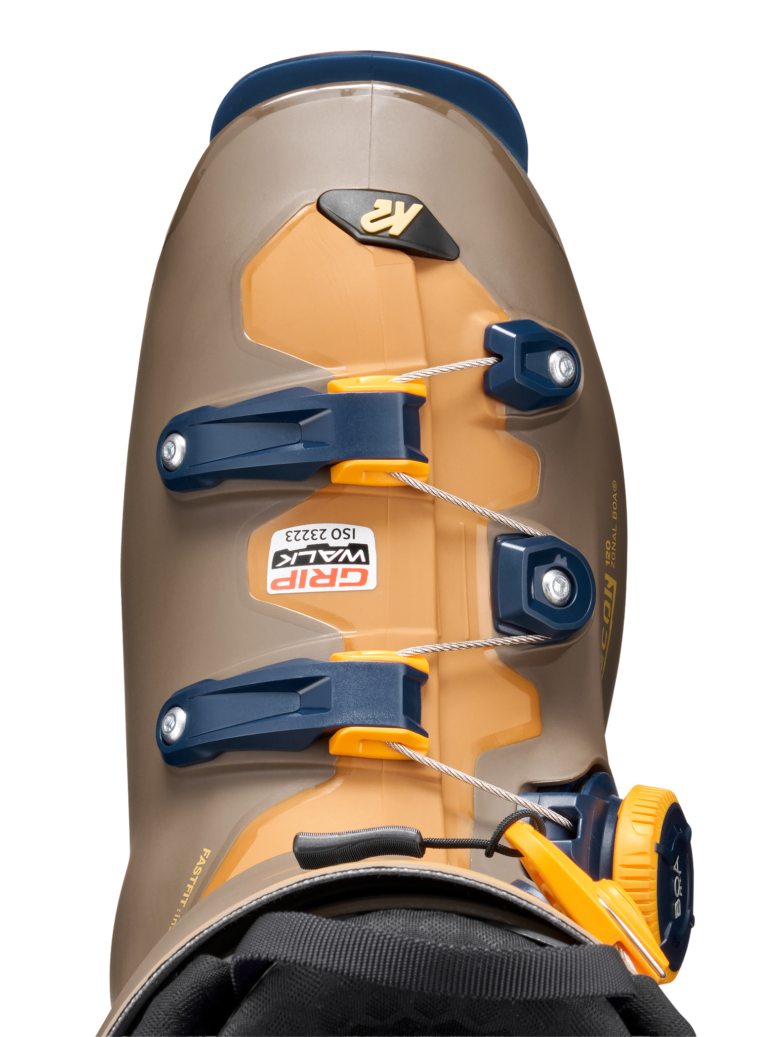 K2 zonal BOA ski boots back view, tan shell with blue pads and BOA dial