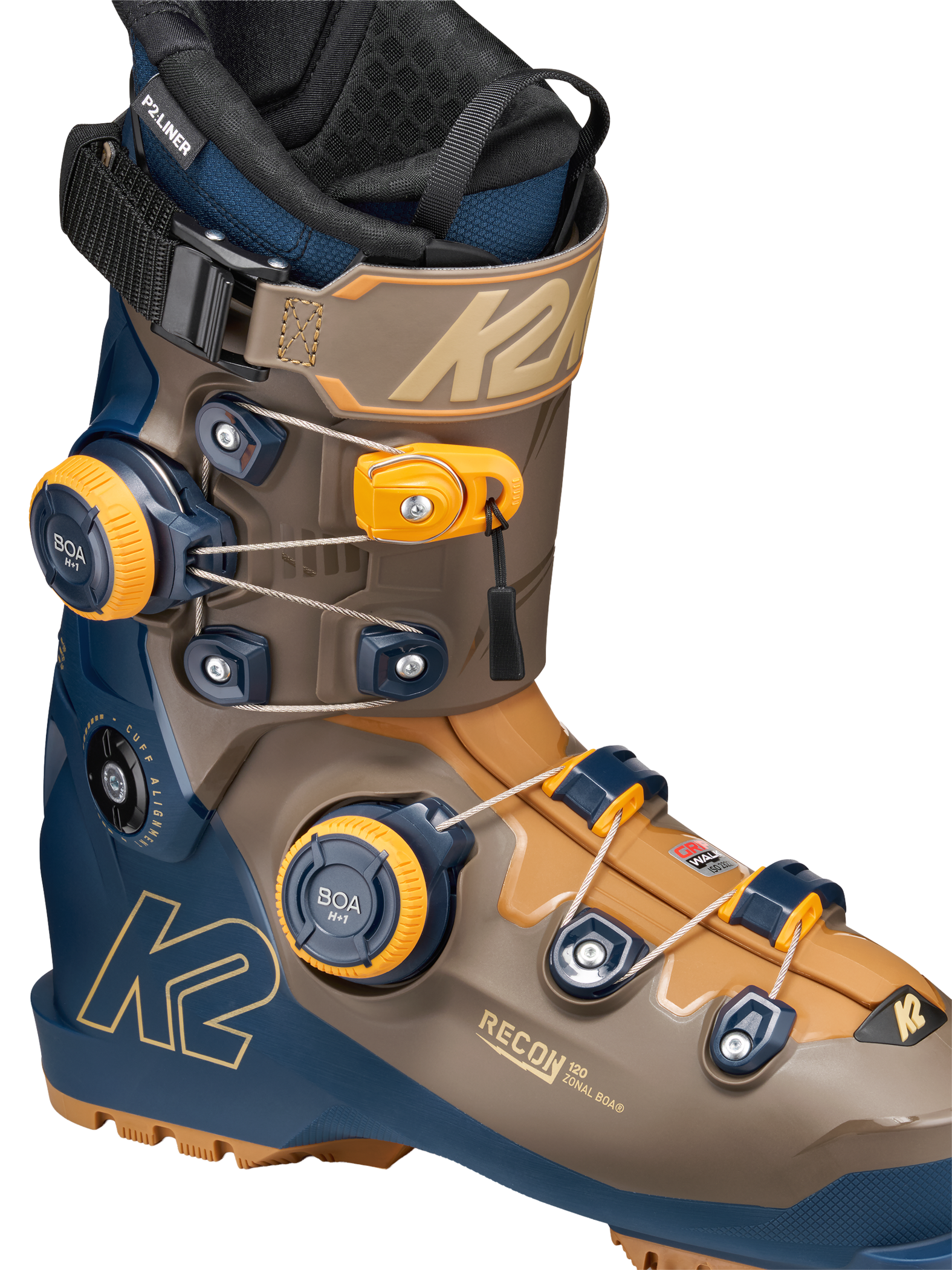 K2 zonal BOA ski boots, blue and tan, with BOA dials and strap buckles