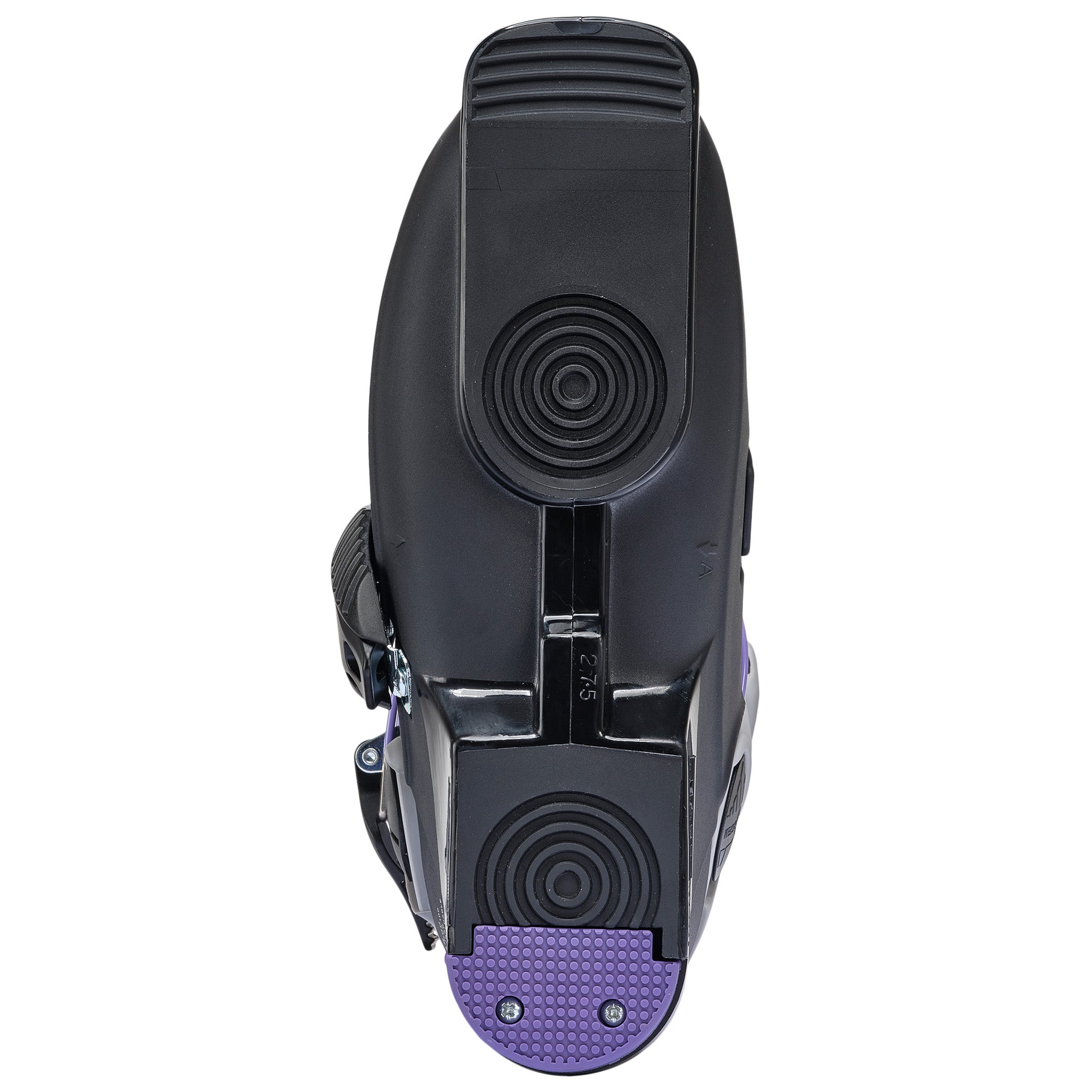 K2 Revolve Pro ski boot, black and purple, features textured sole and visible hardware.