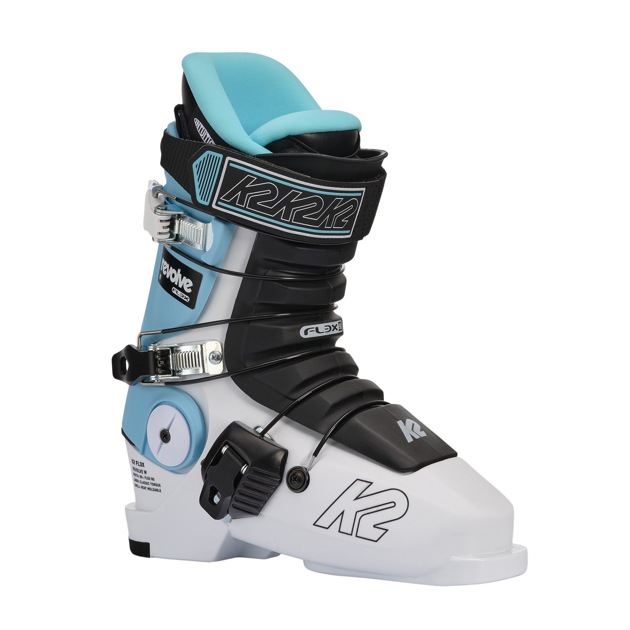 K2 Revolve ski boot features a distinctive blue and white design.