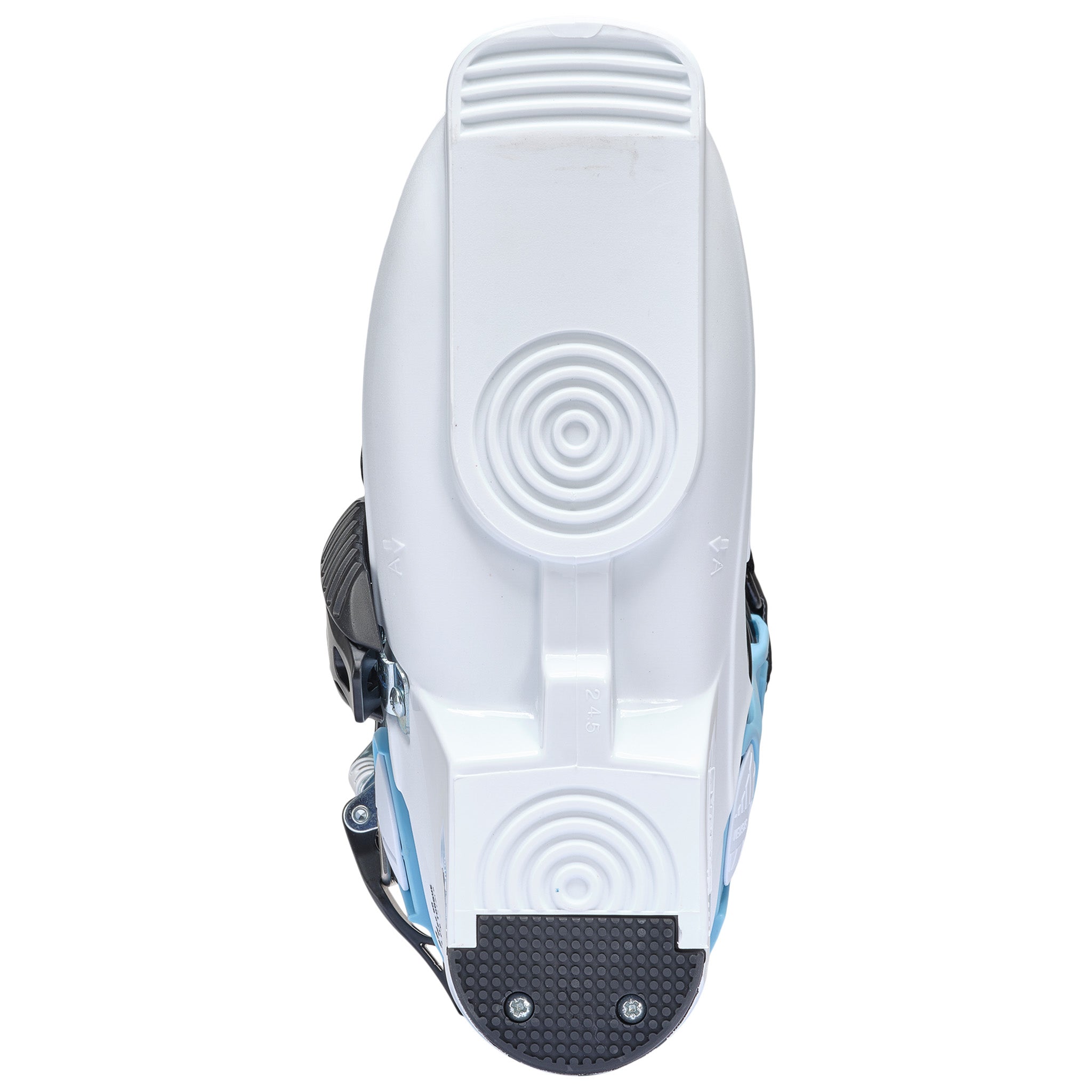 K2 Revolve 2025 women's ski boot, white with blue accents, features a textured sole and visible hardware.