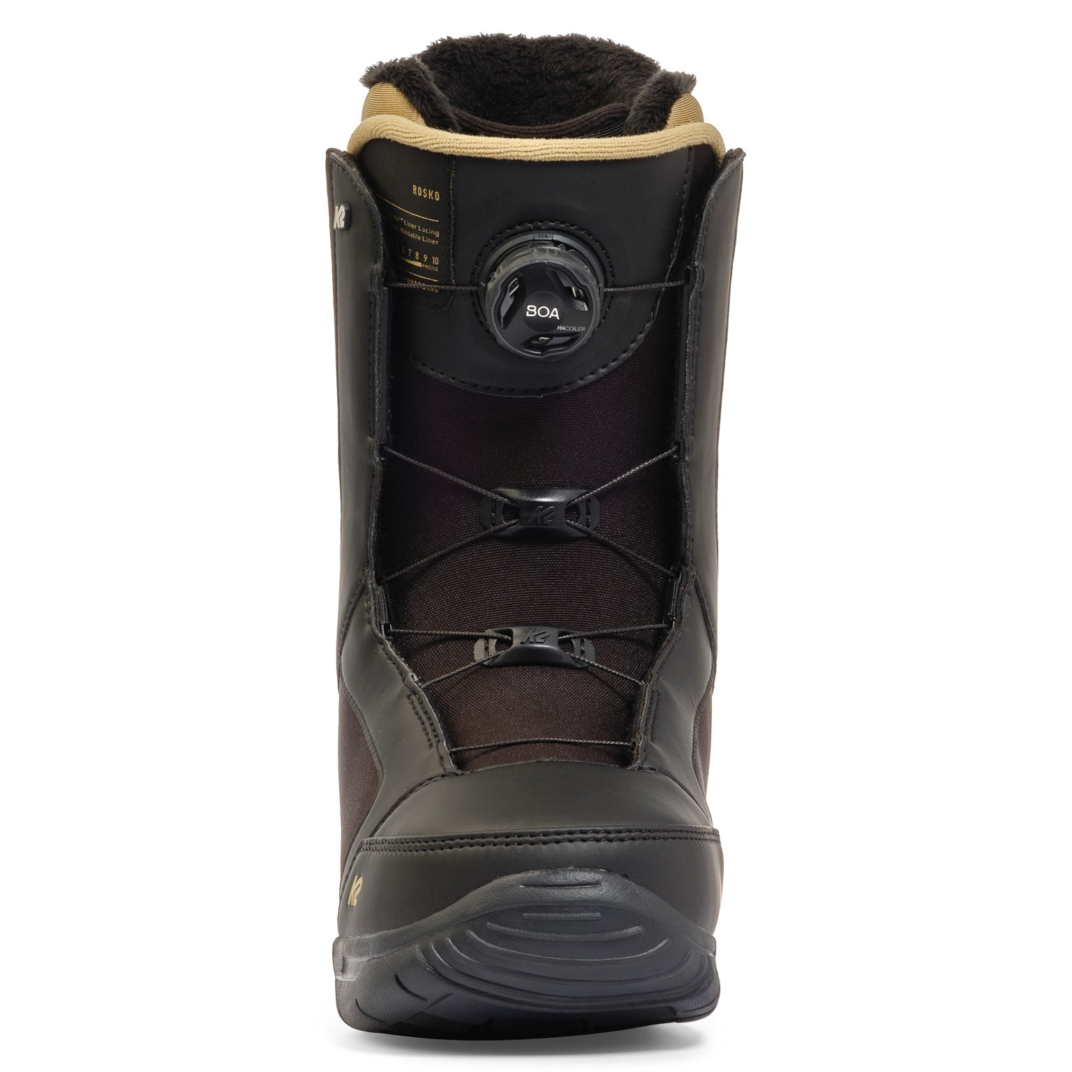 K2 Rosko snowboard boot, black and orange design with BOA lacing system.