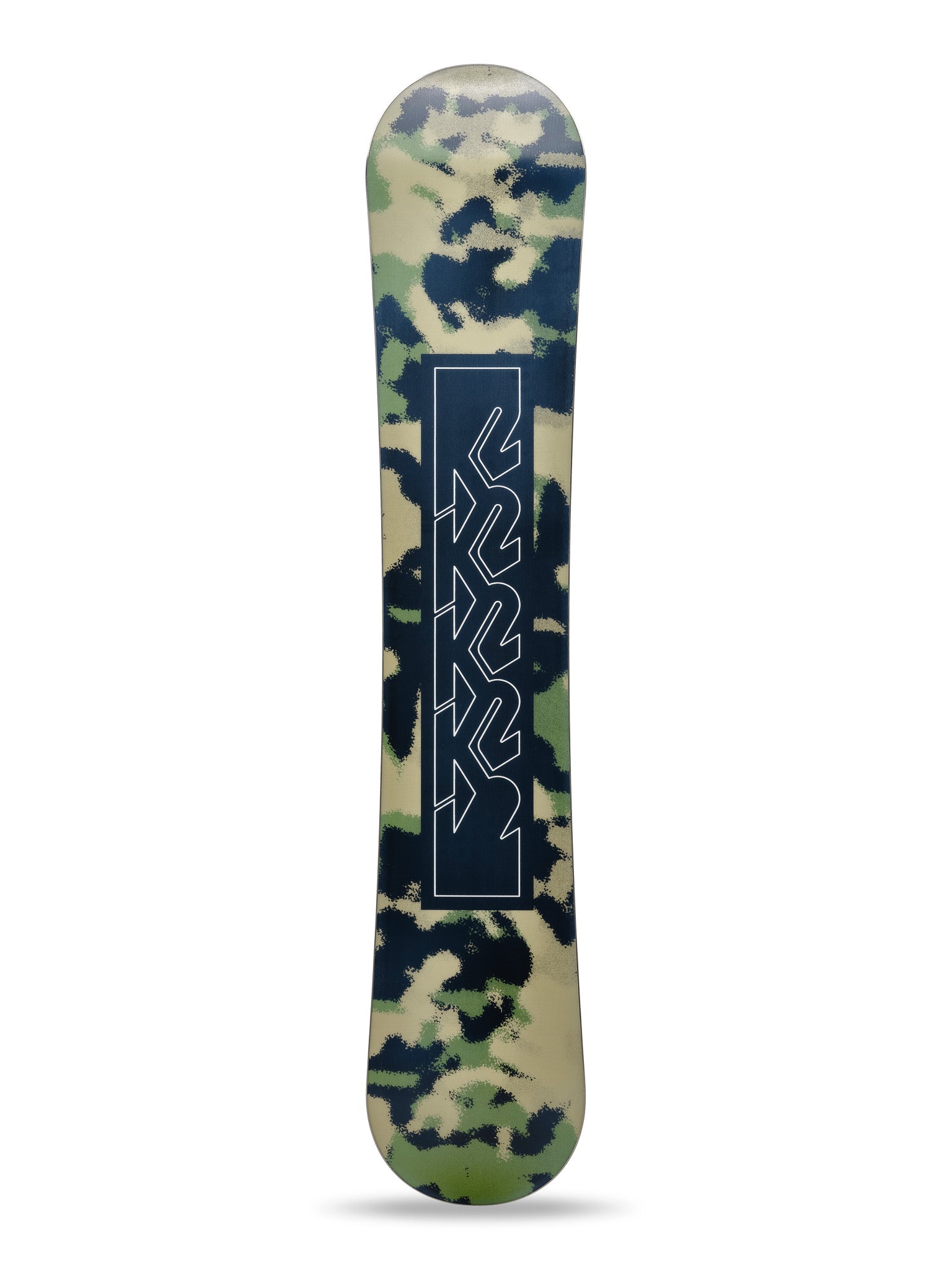 K2 Standard 2025 snowboard features a camouflage pattern with a white graphic along the base.