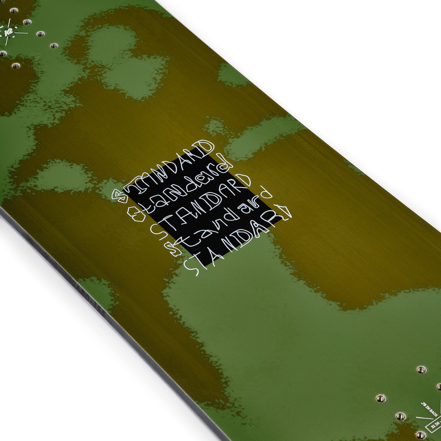 K2 Standard 2025 snowboard features a green graphic and black bindings.