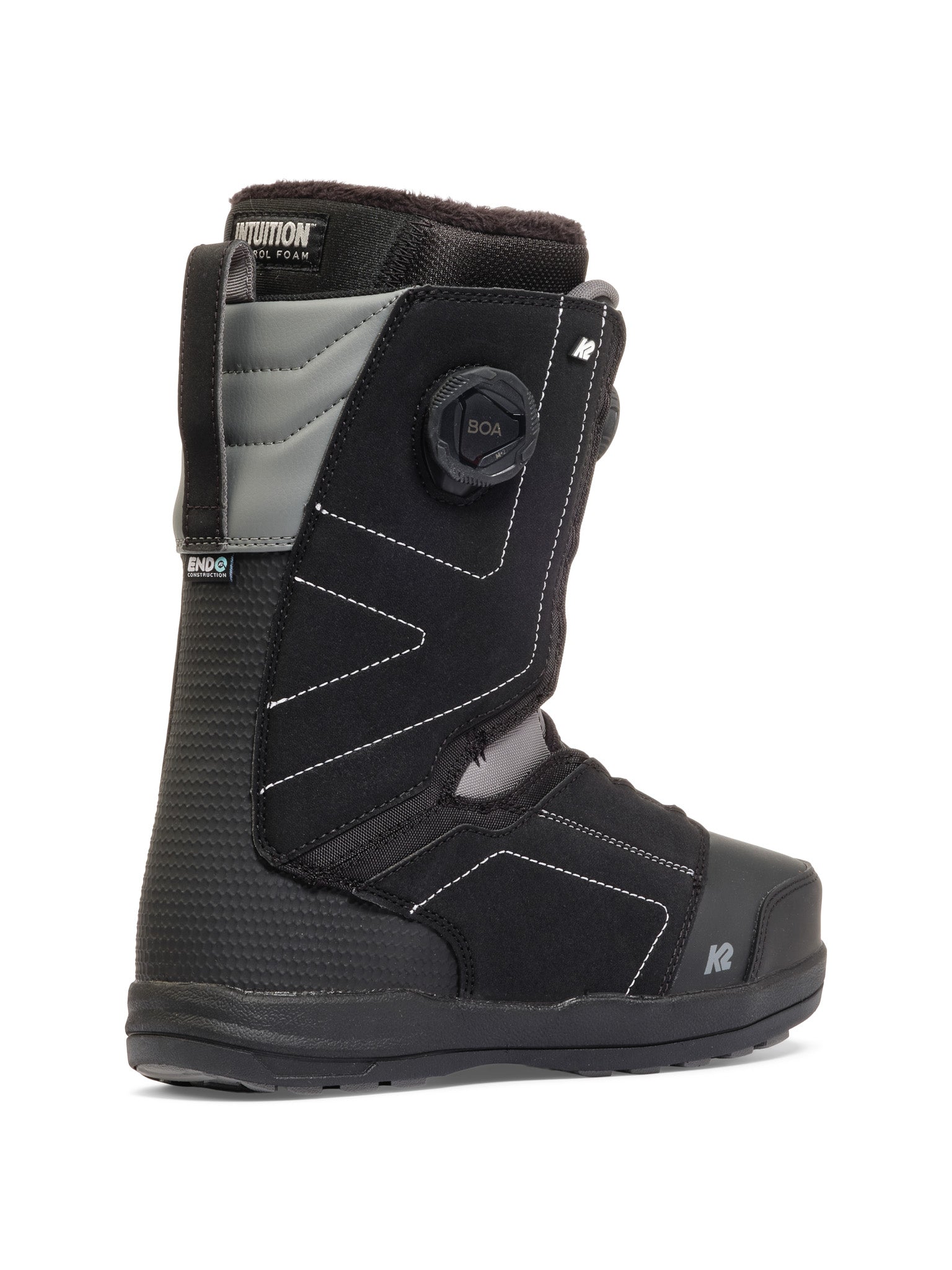 Black and white K2 Trance snowboard boot features a BOA lacing system and textured upper.