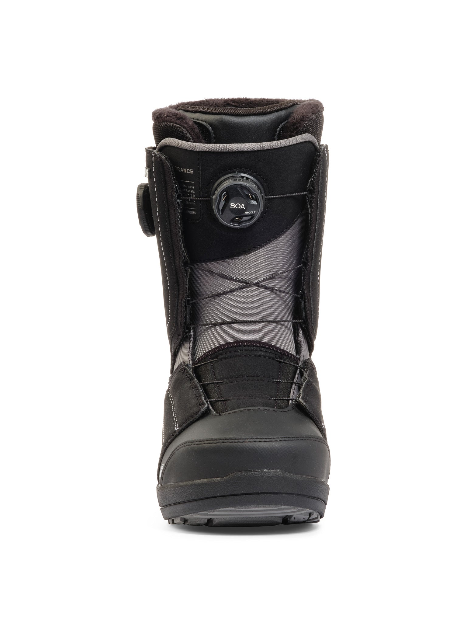 Black and gray K2 Trance snowboard boot features a BOA lacing system and textured sole.