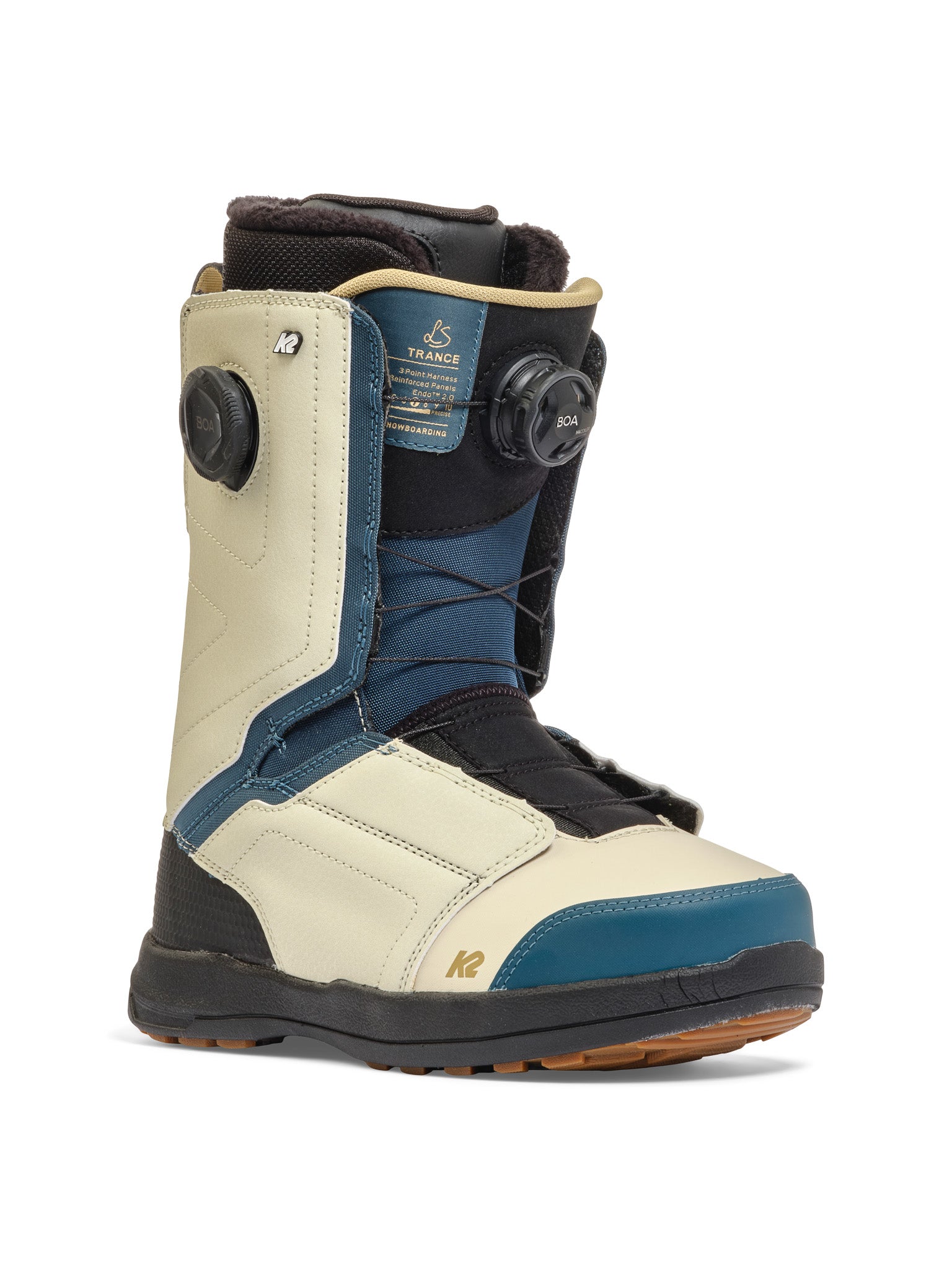 Blue K2 Trance snowboard boot features a white cuff and BOA lacing system.