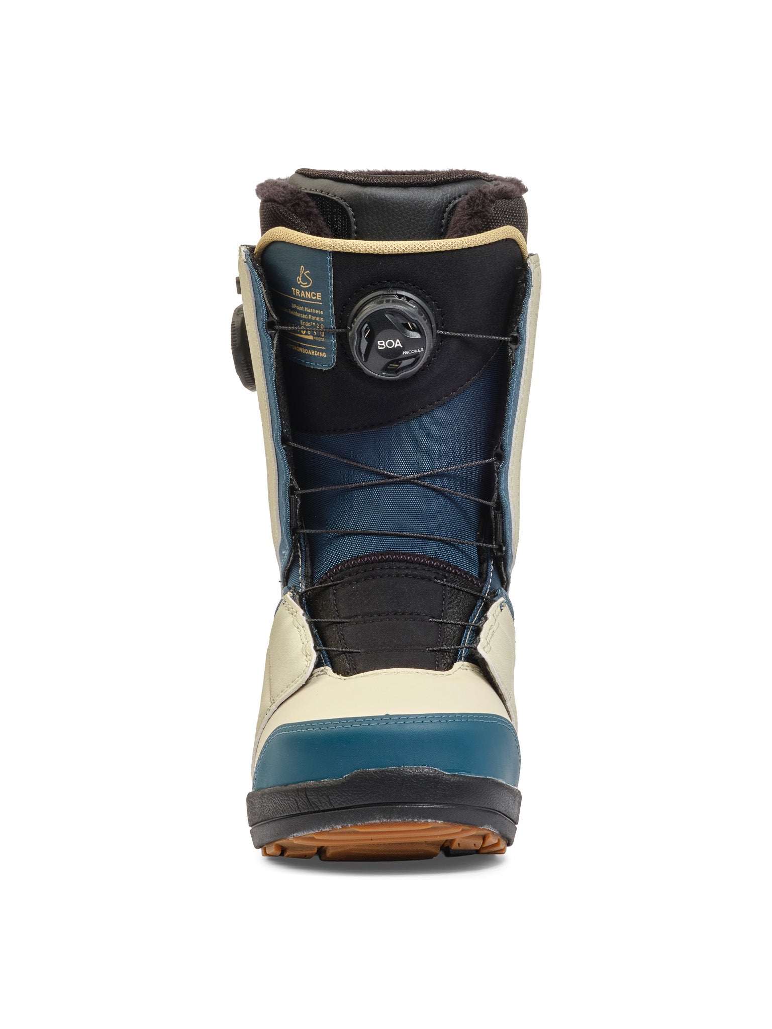 K2 Trance 2025 women's snowboard boot features a teal and white colorway with Boa lacing.