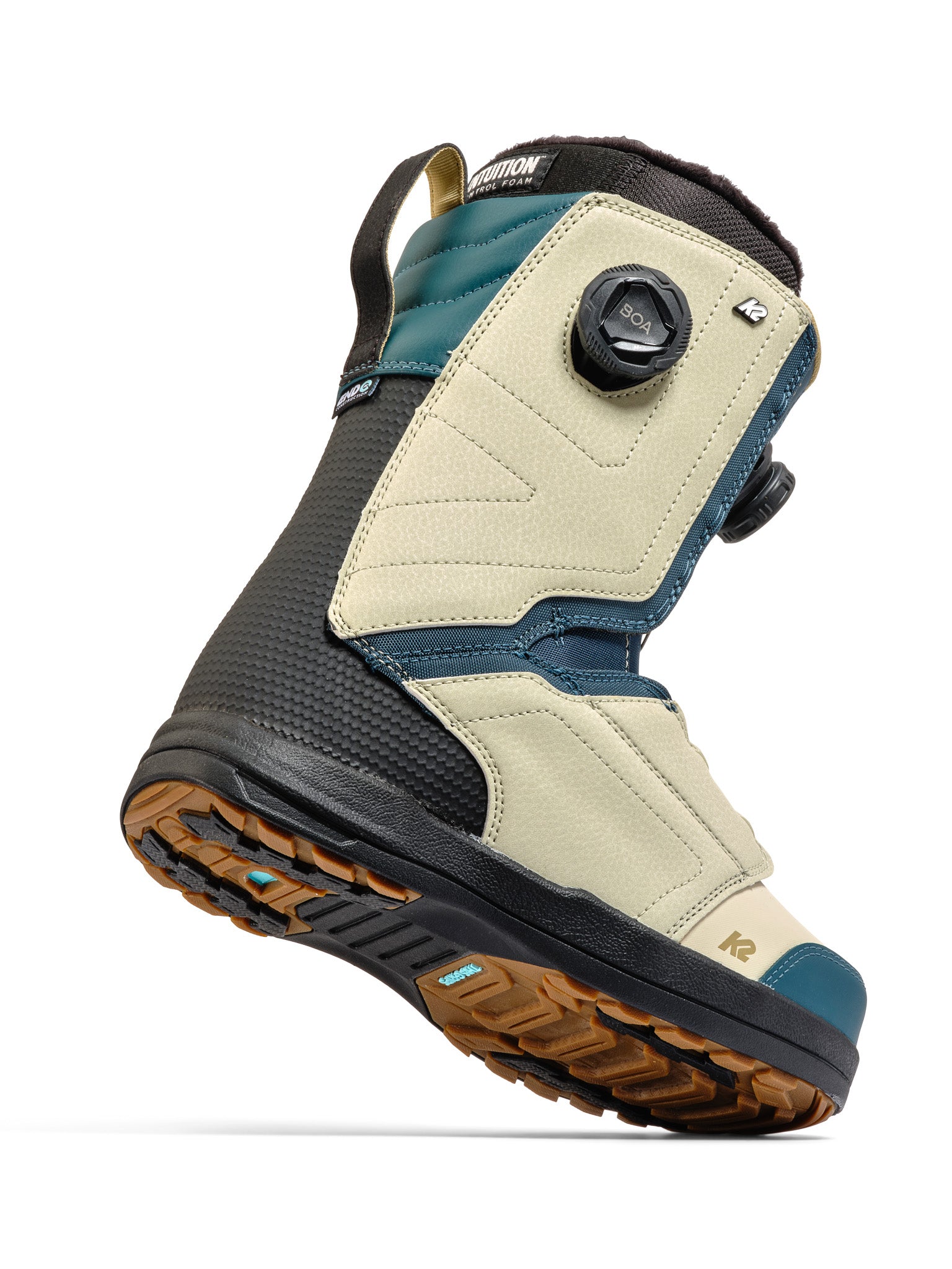 K2 Trance 2025 snowboard boot features a dark gray and cream colorway with a visible Boa dial.