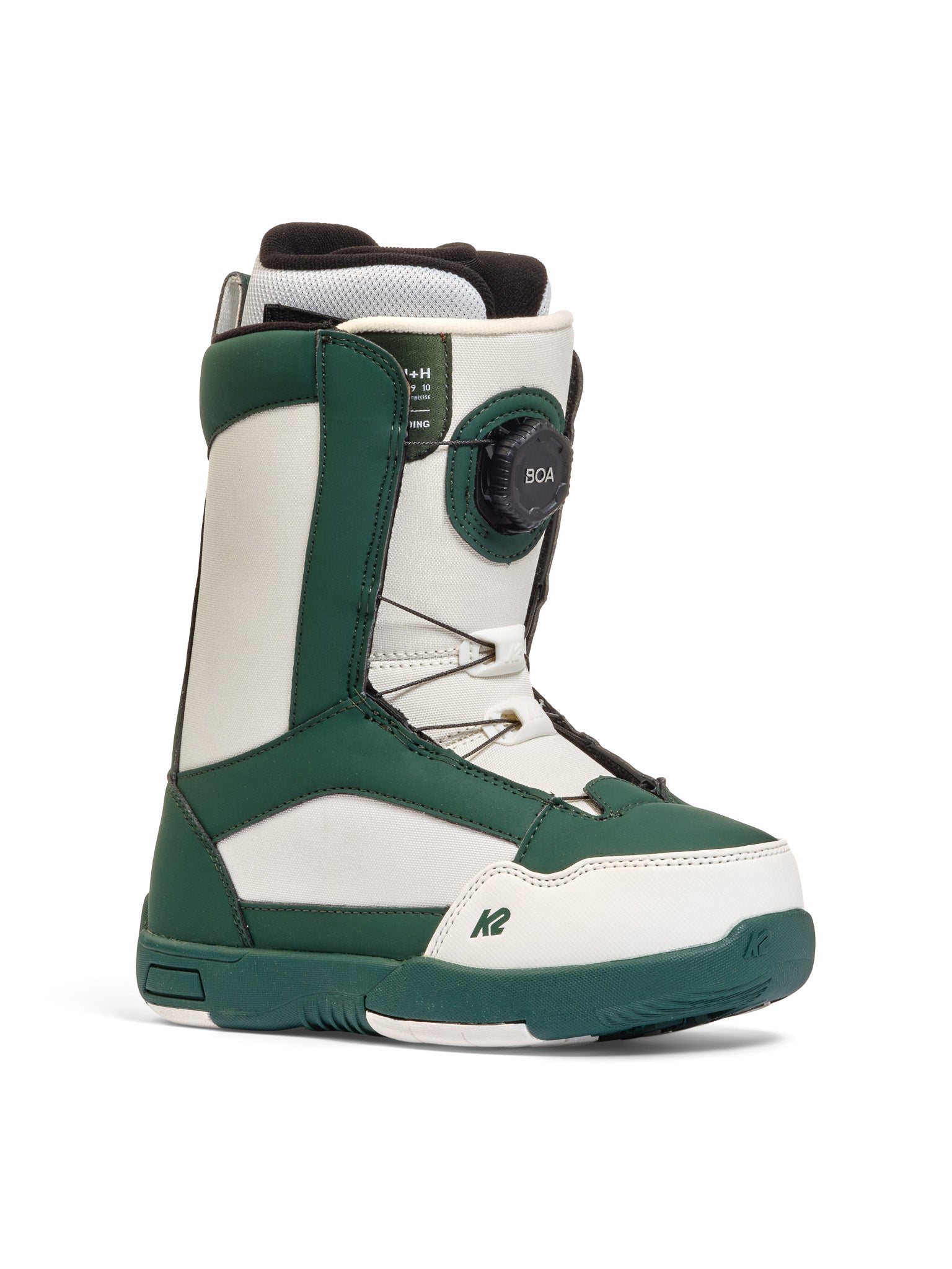 K2 YOU+H snowboard boot in green and white with BOA lacing system.