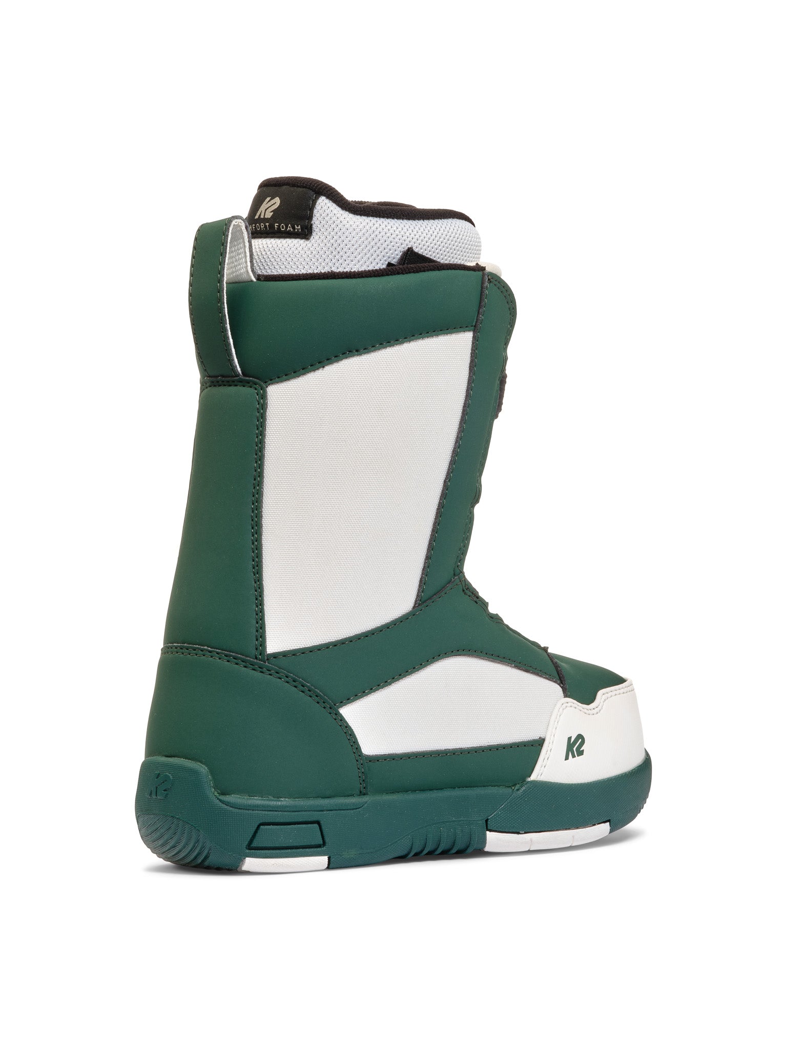Green K2 YOU+H snowboard boot with white accents and a textured sole.