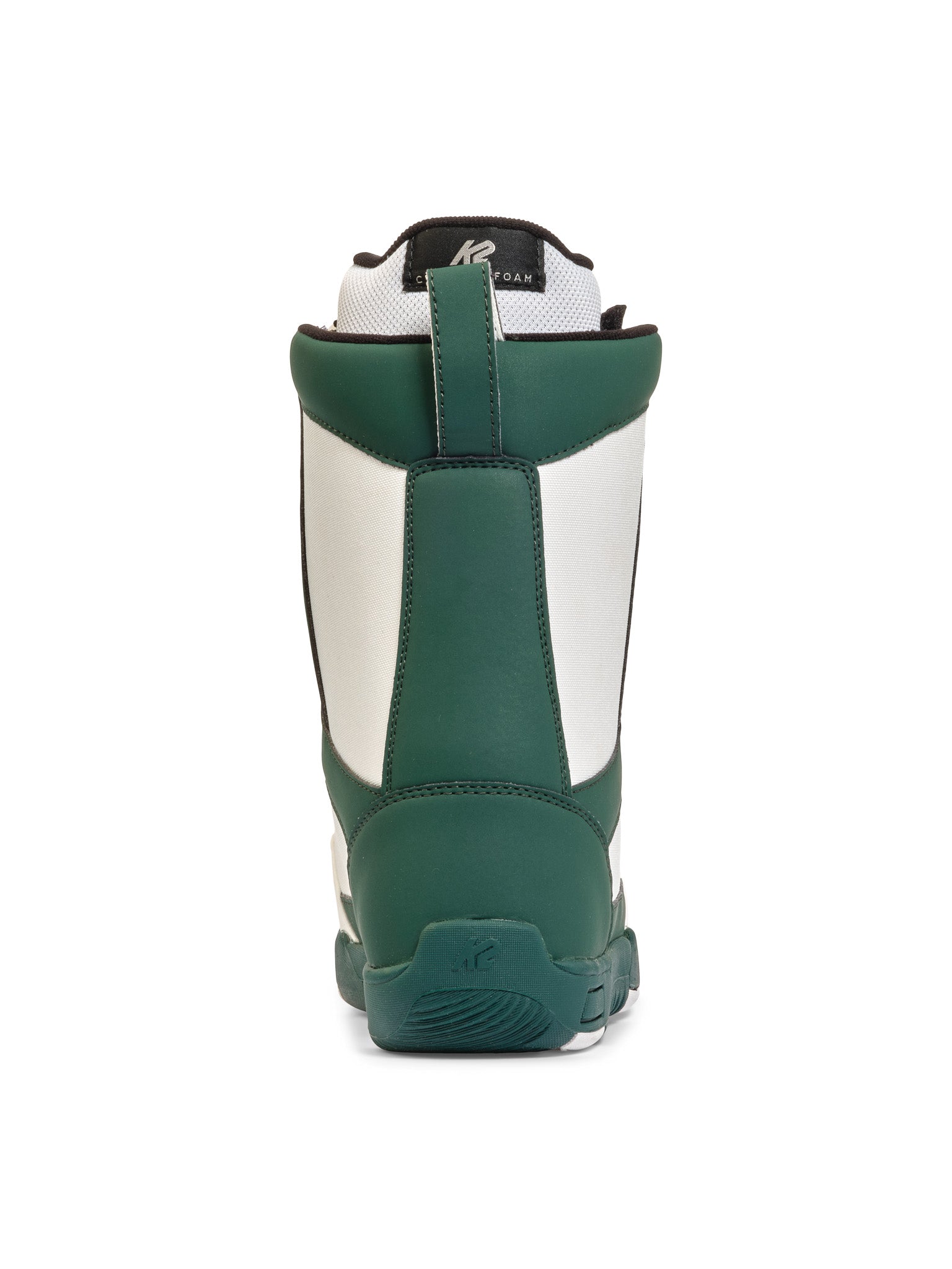 K2 YOU+H snowboard boot, green and white design with textured sole.