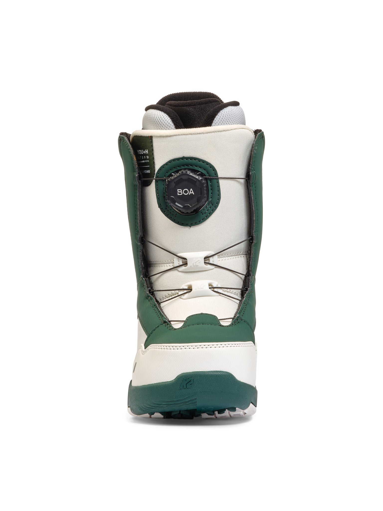 K2 YOU+H snowboard boot, green and white design with BOA lacing system.