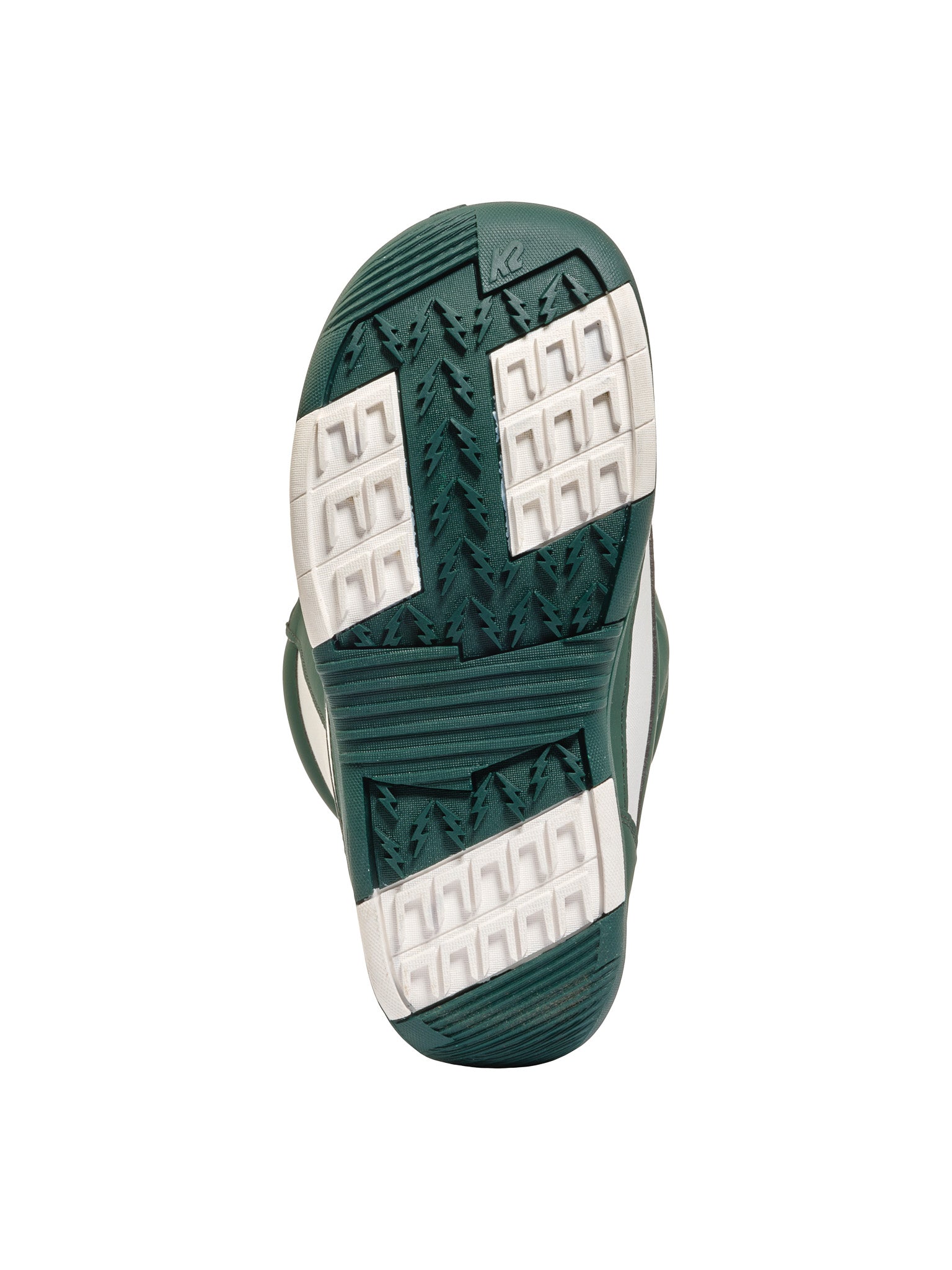 Green K2 YOU+H 2025 snowboard boot sole with black tread pattern.
