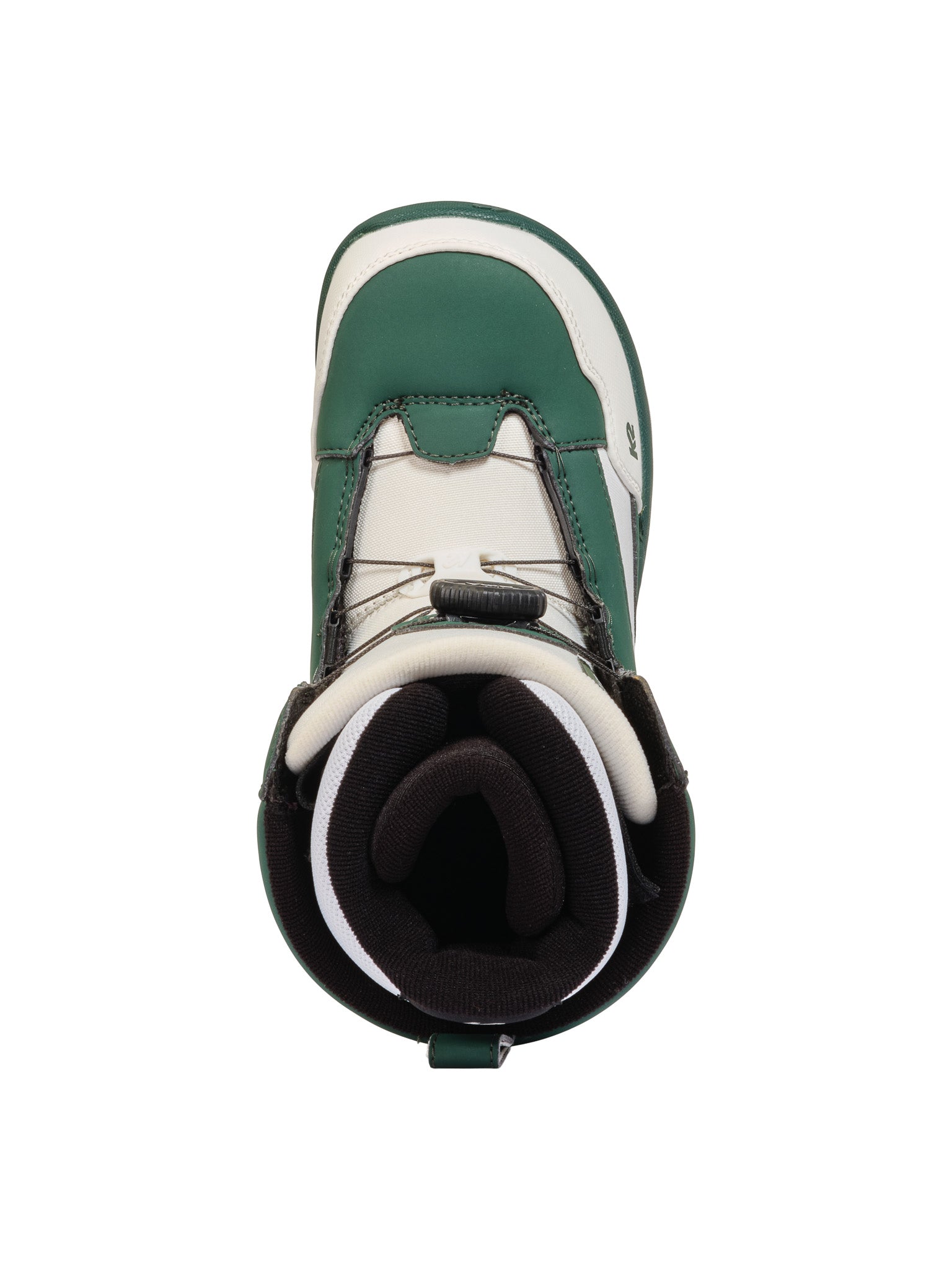 K2 YOU+H 2025 snowboard boot features a green and white color scheme with distinctive design elements.