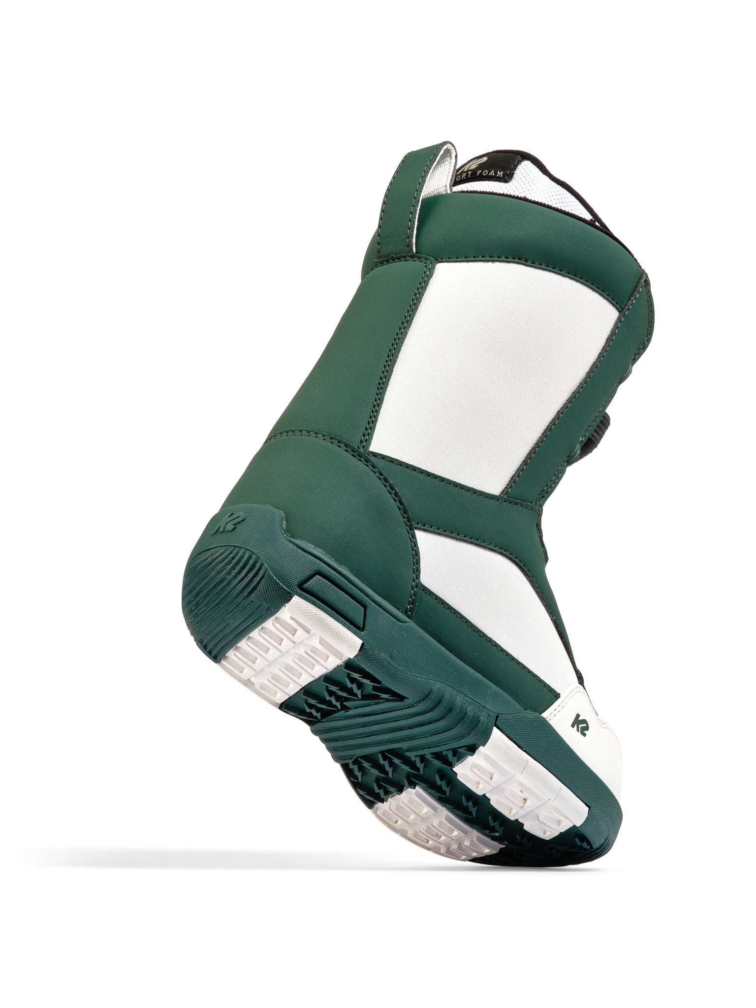 Green K2 YOU+H snowboard boot with white accents and a distinctive textured design.
