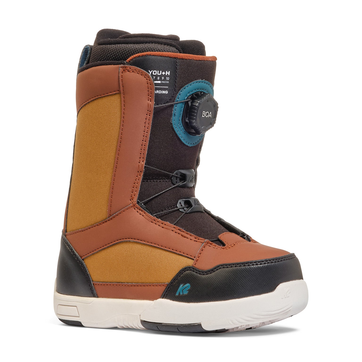 K2 YOU+H snowboard boot features a black and orange color scheme with BOA lacing system.