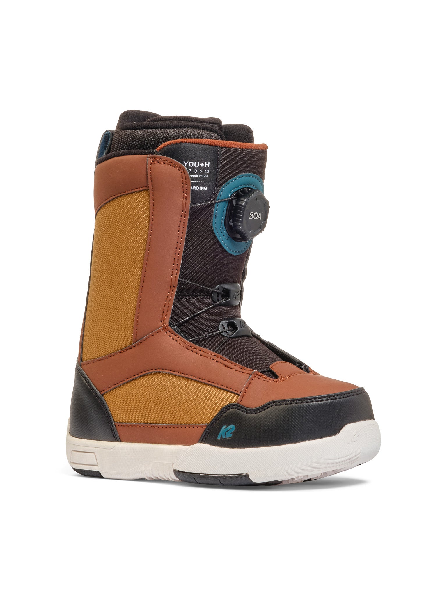 K2 YOU+H snowboard boot features a black and orange color scheme with BOA lacing system.