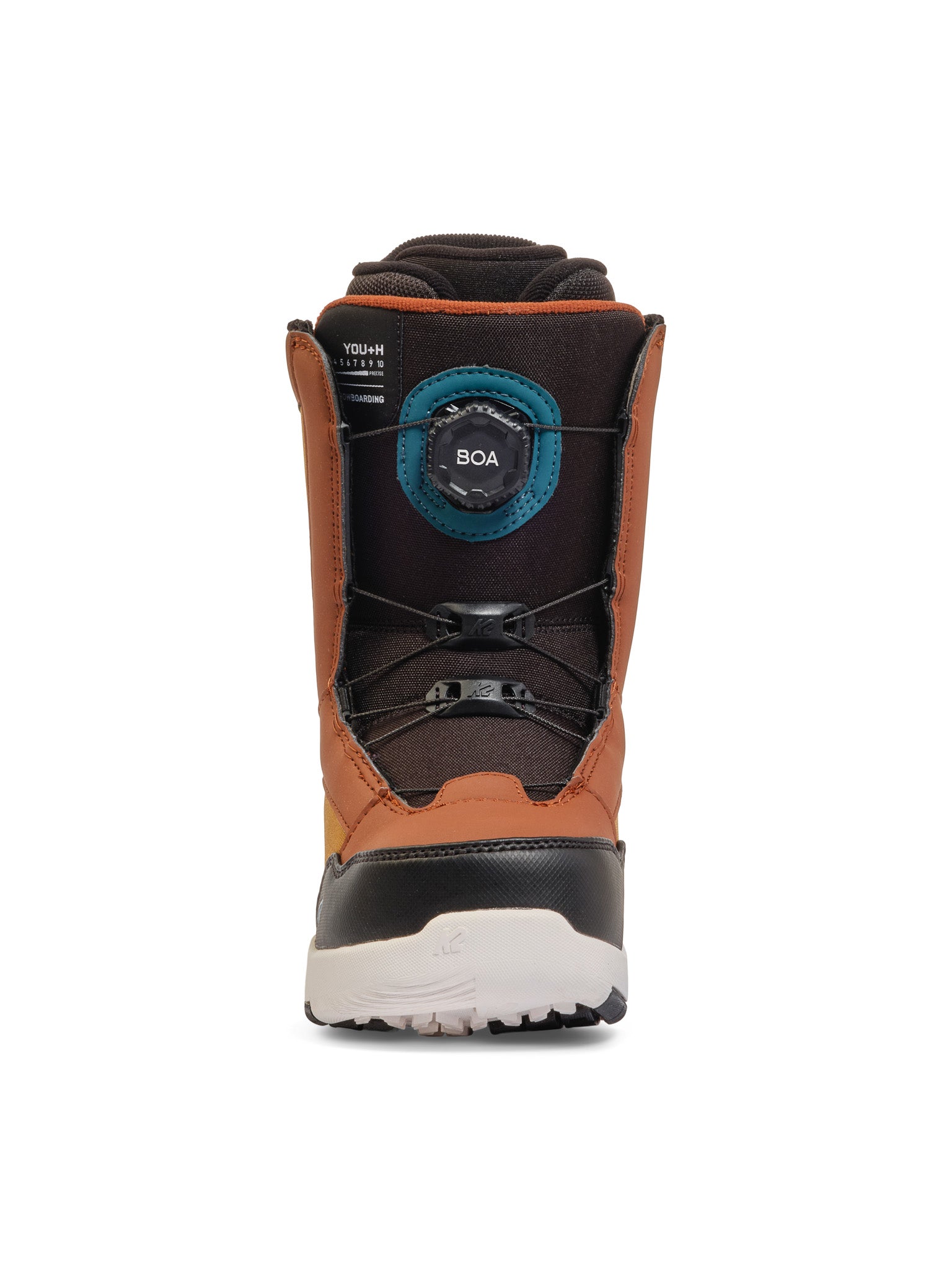 K2 YOU+H snowboard boot, featuring a black and orange color scheme with BOA lacing system.