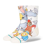 Stance Kids Disney 100 Dumbo By Travis Millard Crew Sock - A pair of white crew socks with an illustrated image of Dumbo flying on a pink balloon, wearing a yellow hat.