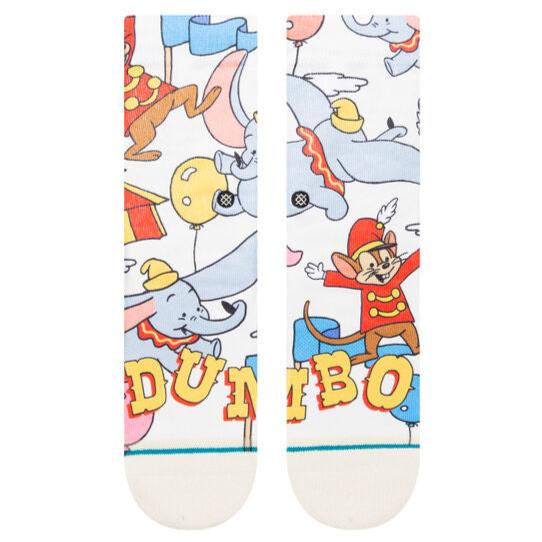 Stance Kids Disney 100 Dumbo By Travis Millard Crew Sock - A pair of white crew socks with a repeating pattern of Dumbo and Timothy Q. Mouse from the Disney movie "Dumbo".