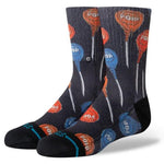 Stance Kid's Tootsie Pop Crew Sock 2024 - A pair of black crew socks with red and blue lollipops printed on them.