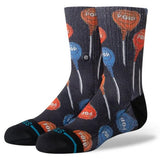 Stance Kid's Tootsie Pop Crew Sock 2024 - A pair of black crew socks with red and blue lollipops printed on them.