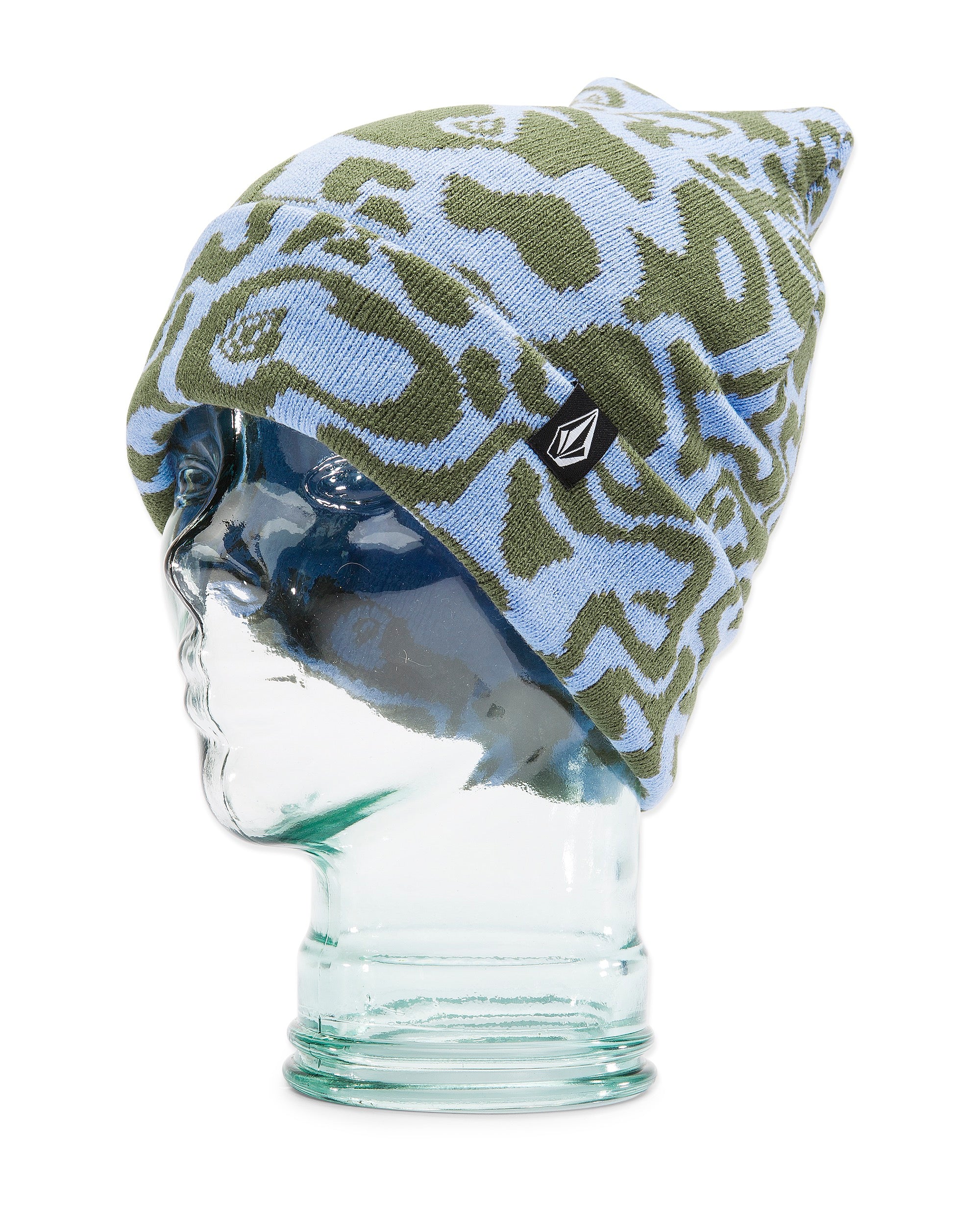Volcom Women's Shred Beanie 2025 - A light blue beanie with a green abstract pattern and a black tag featuring a white logo on the front.