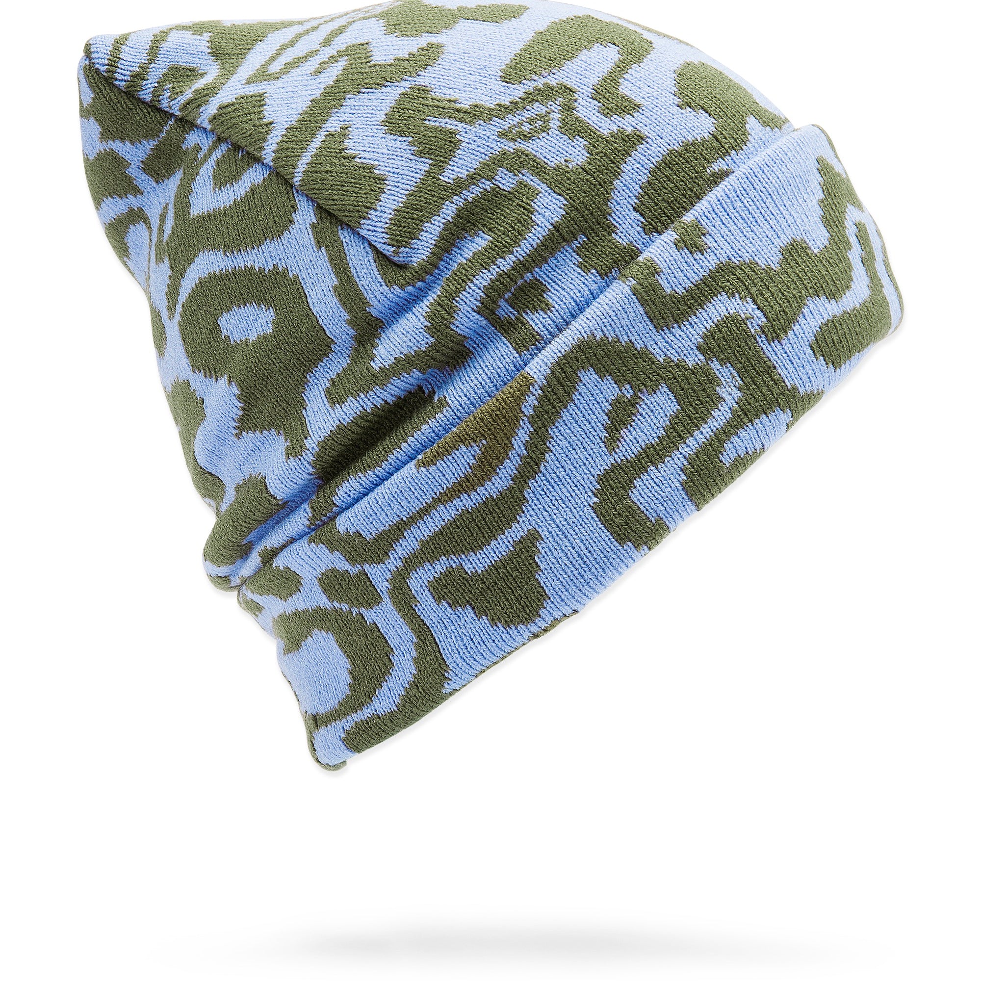 Volcom Women's Shred Beanie 2025 - A light blue beanie with a green abstract pattern and a folded cuff at the bottom.